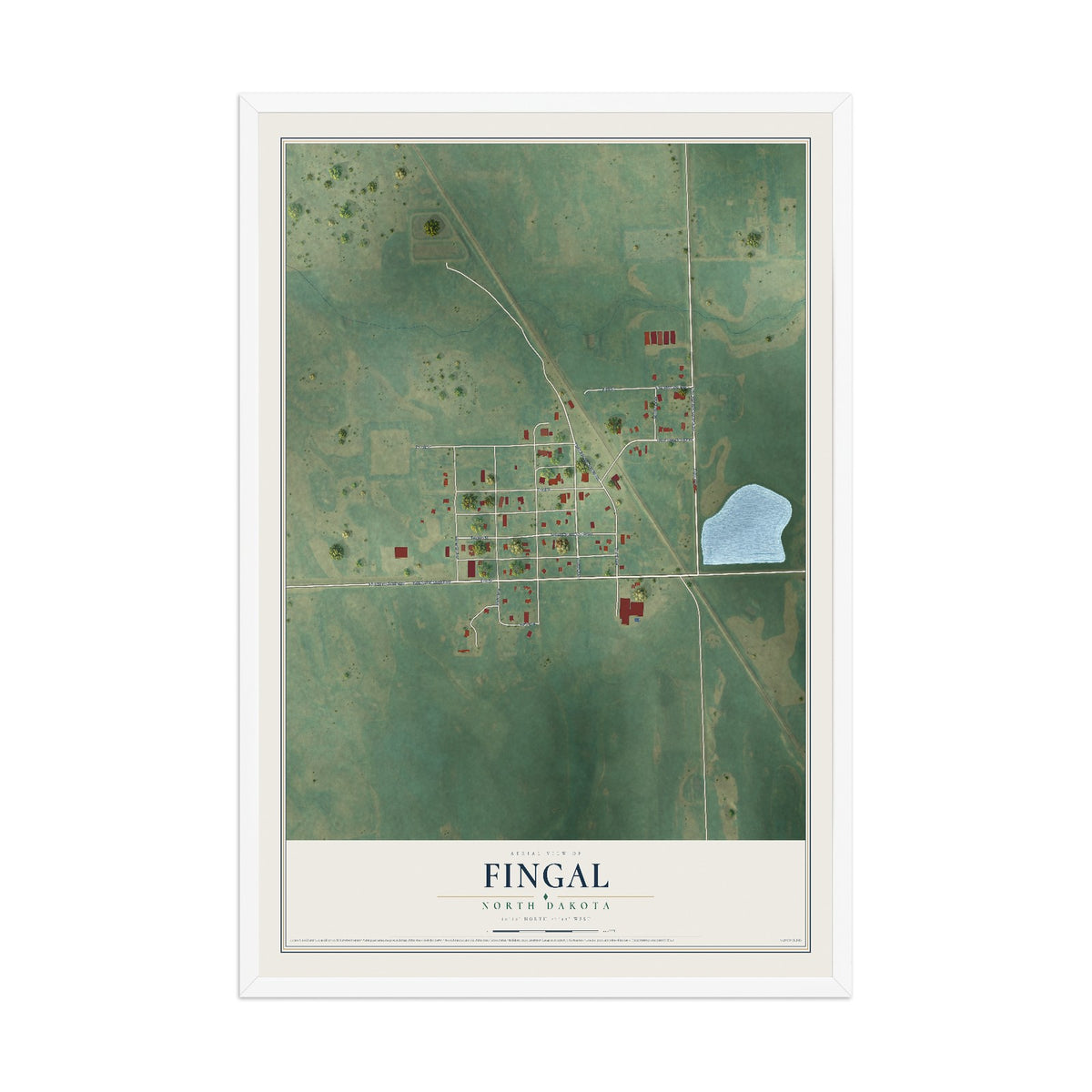 Map of Fingal, North Dakota, 12 x 18 inch print in a white wood frame