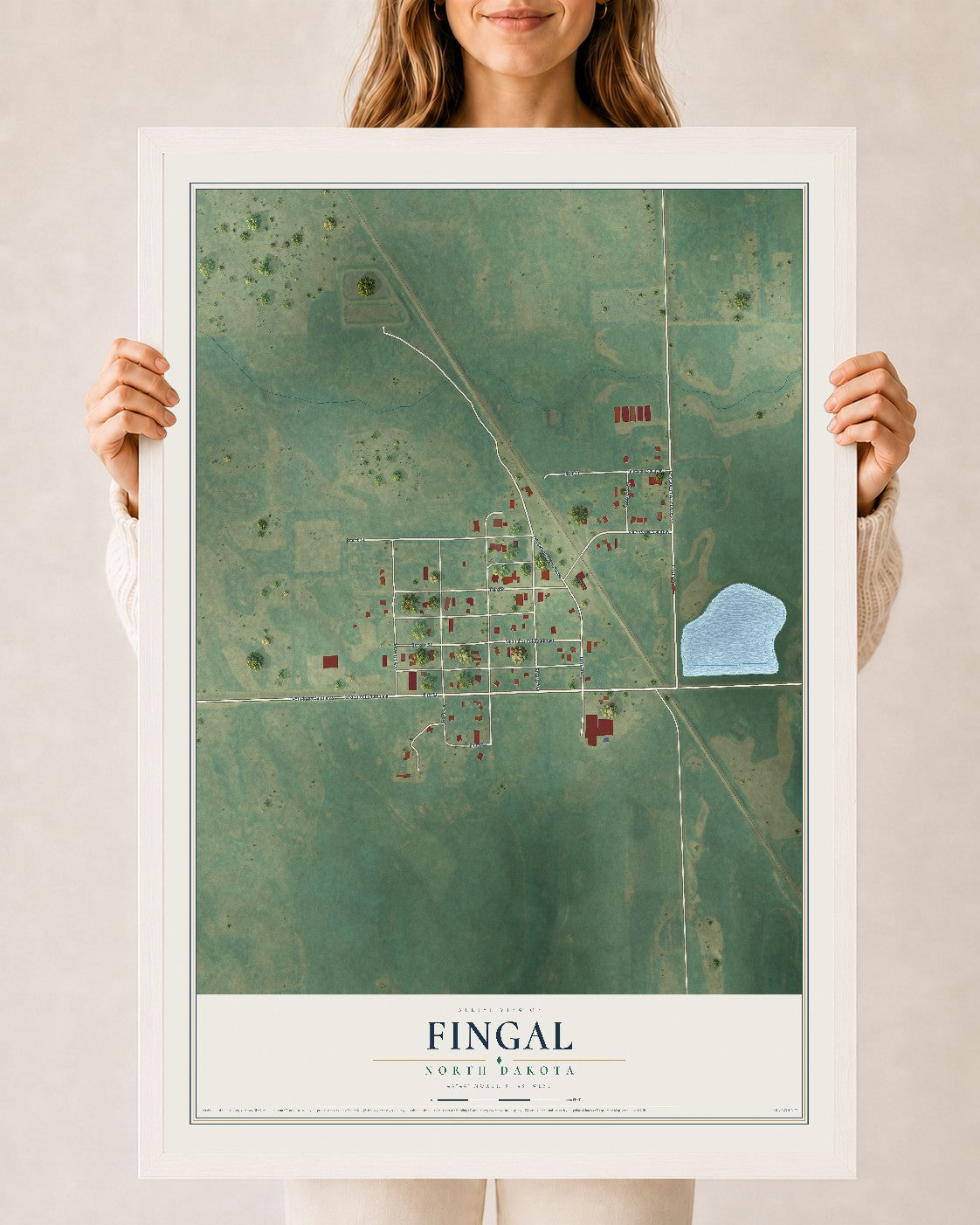 Map of Fingal, North Dakota, 24 x 36 inch print in a white wood frame