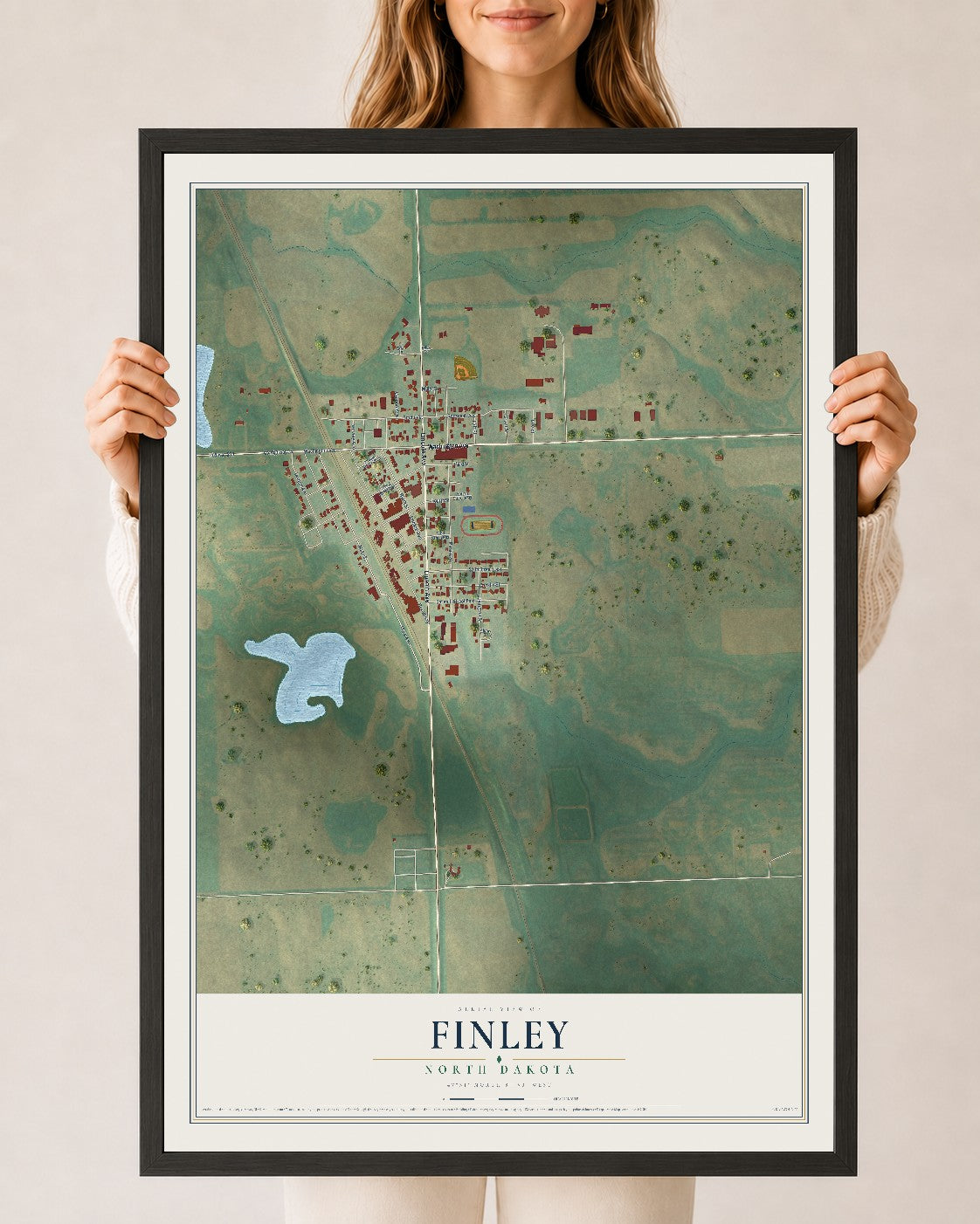 Map of Finley, North Dakota, 24 x 36 inch print in a black wood frame