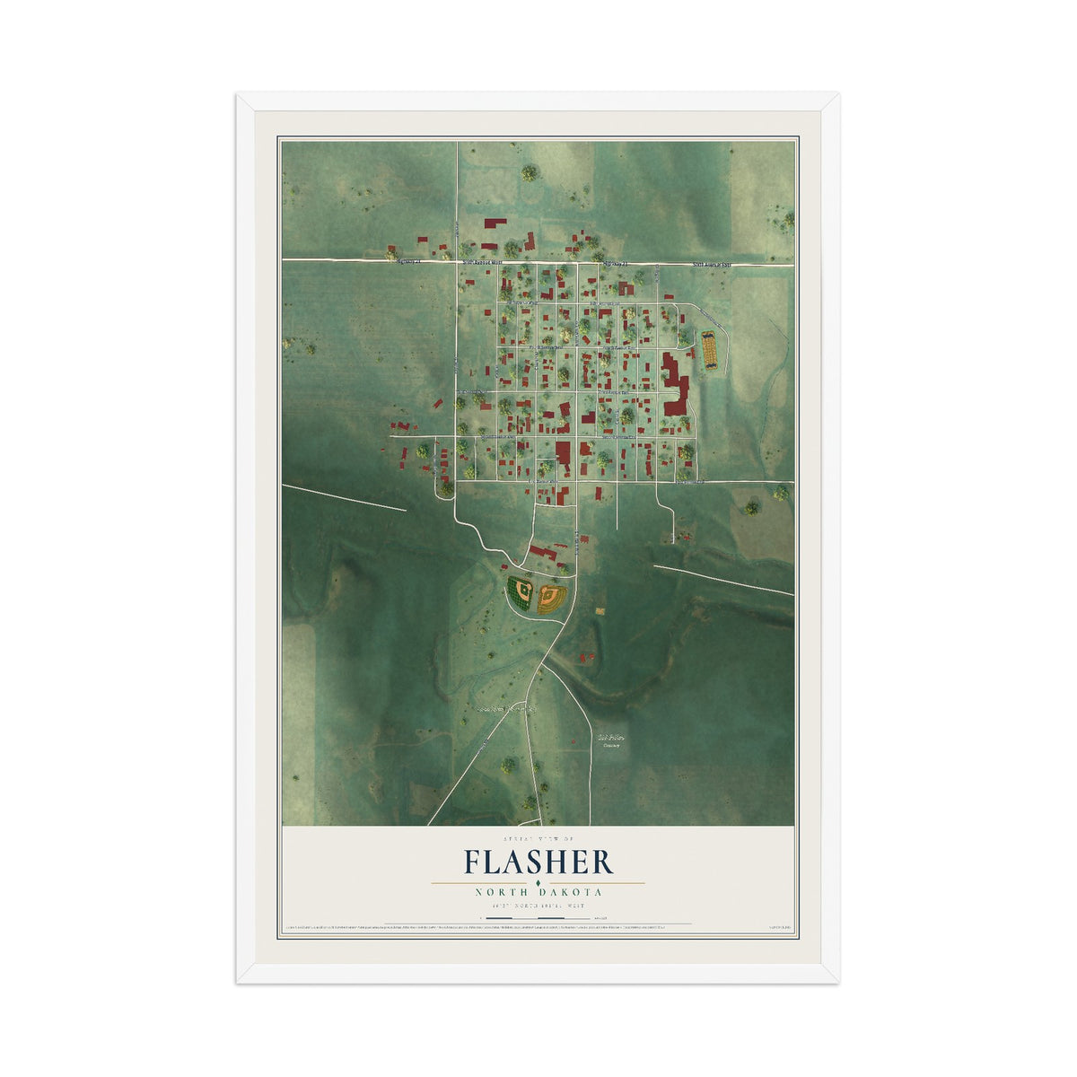 Map of Flasher, North Dakota, 12 x 18 inch print in a white wood frame