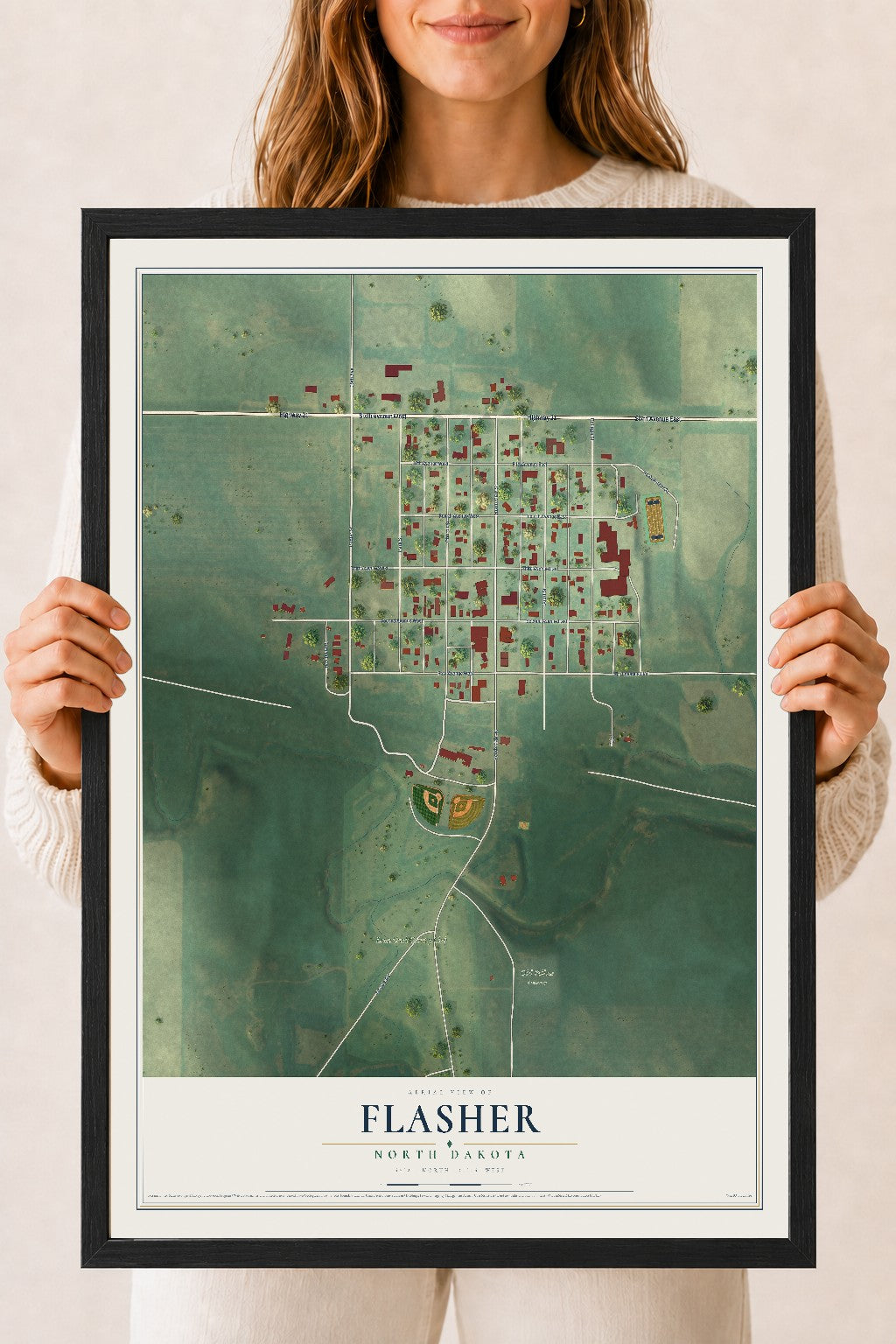 Map of Flasher, North Dakota, 18 x 24 inch print in a black wood frame