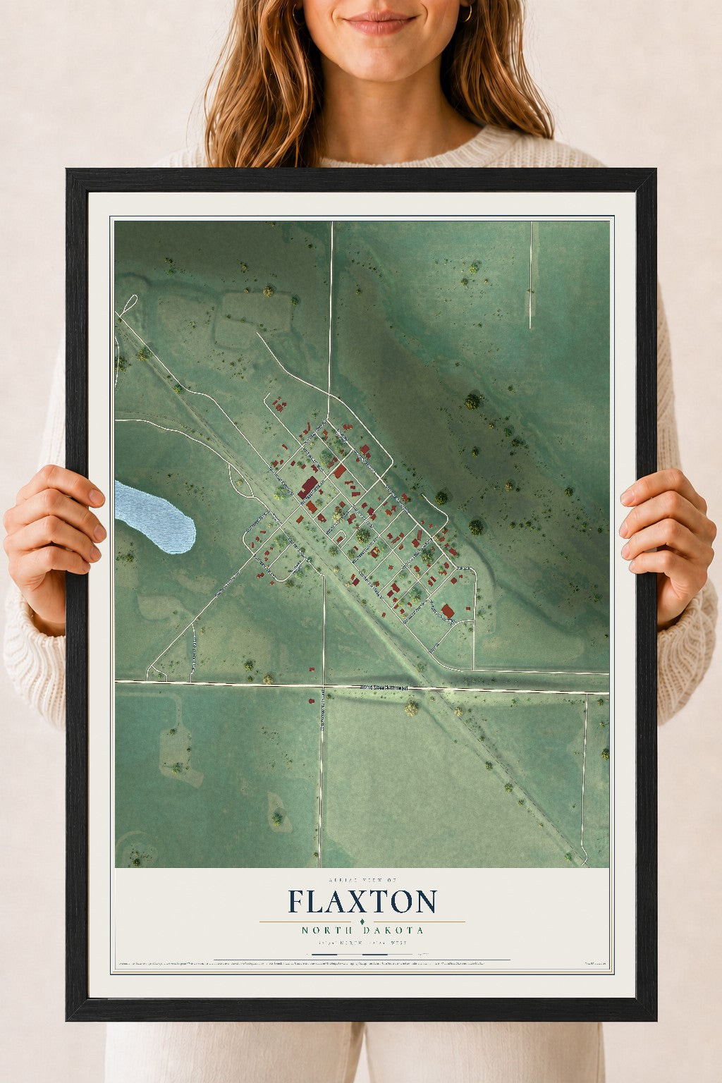 Map of Flaxton, North Dakota, 18 x 24 inch print in a black wood frame