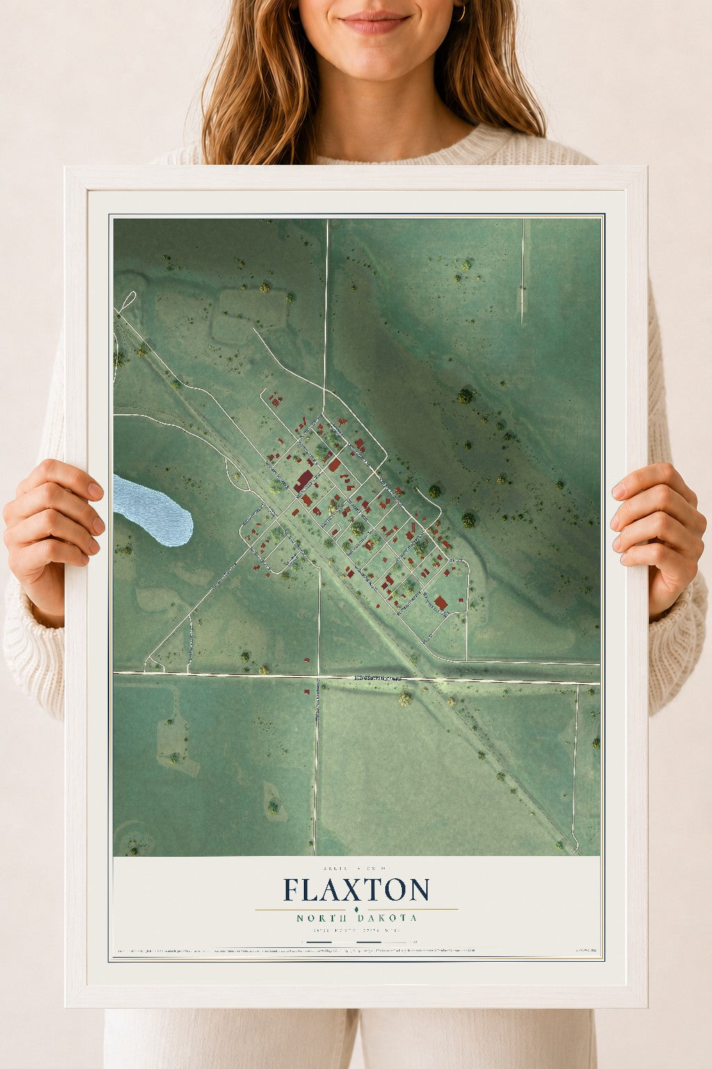 Map of Flaxton, North Dakota, 18 x 24 inch print in a white wood frame