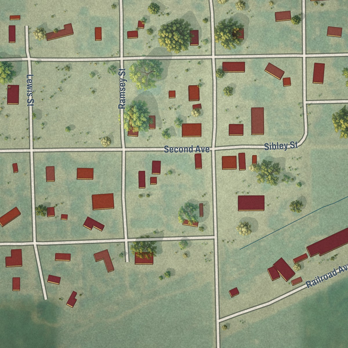 Close-up of the map of Forbes, North Dakota print showing street and building detail