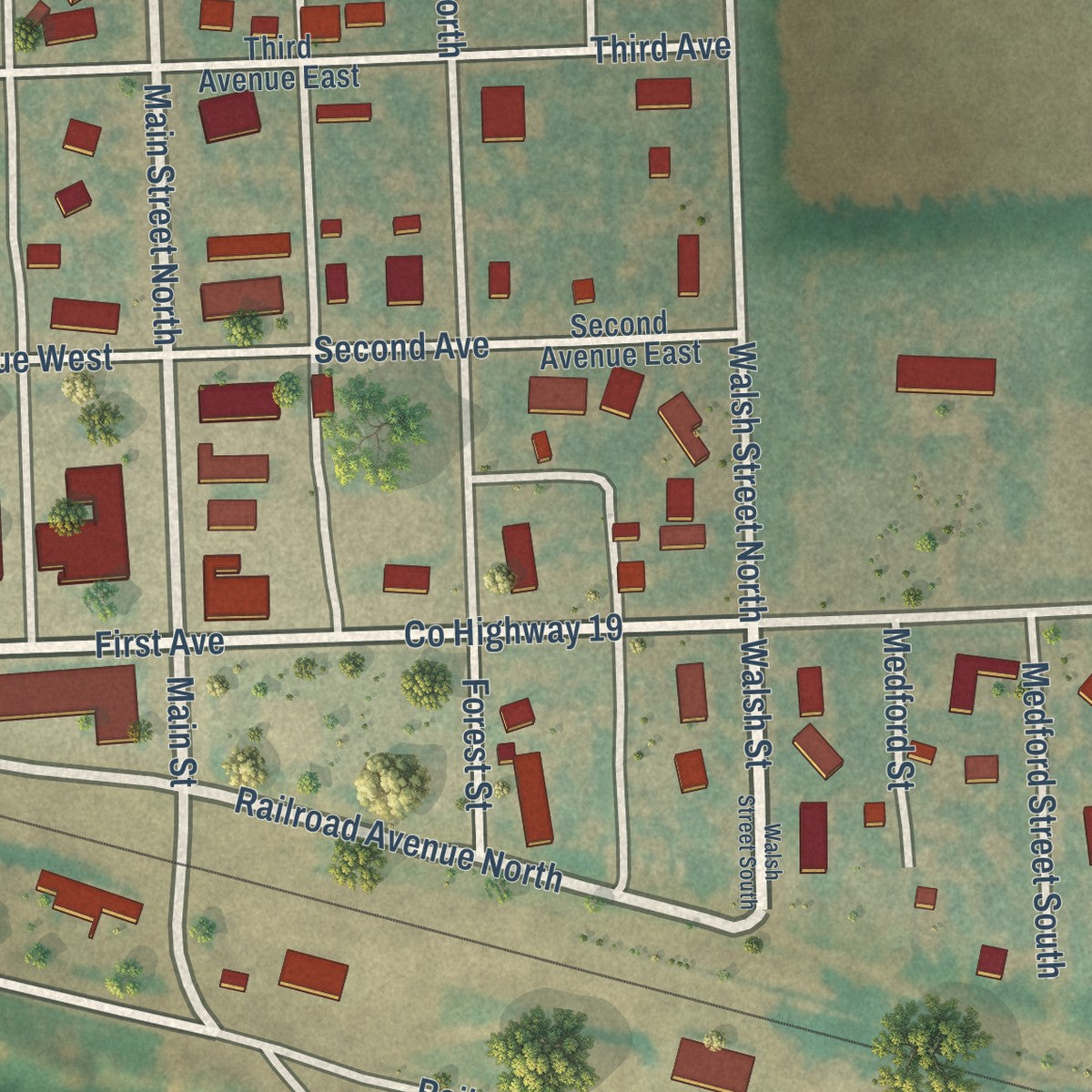 Close-up of the map of Fordville, North Dakota print showing street and building detail