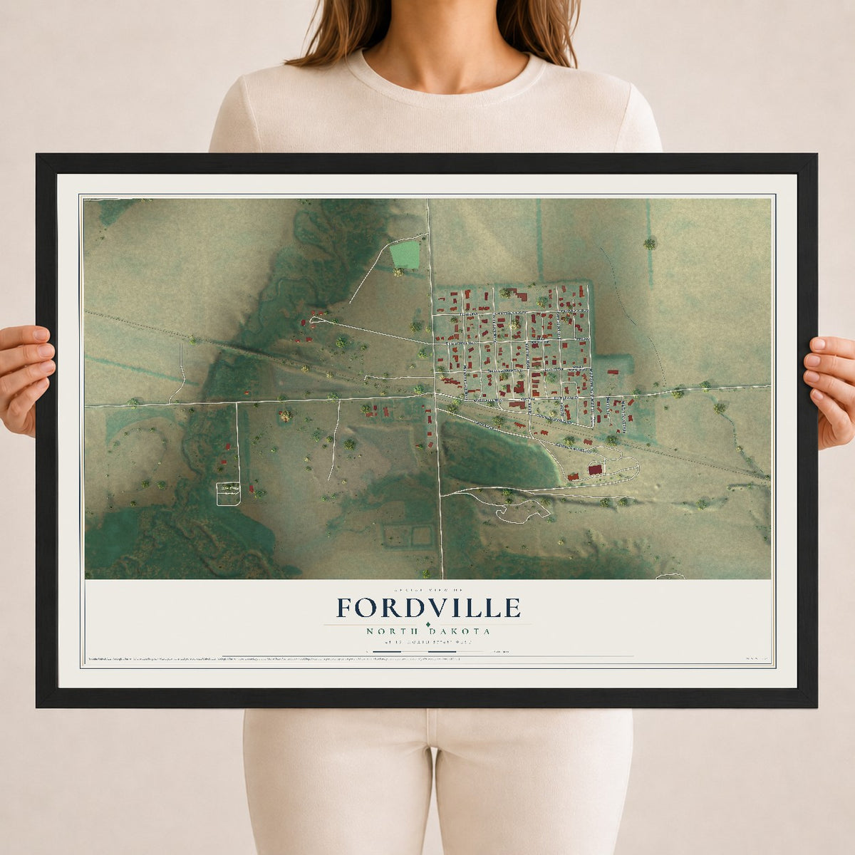 Map of Fordville, North Dakota, 18 x 24 inch print in a black wood frame