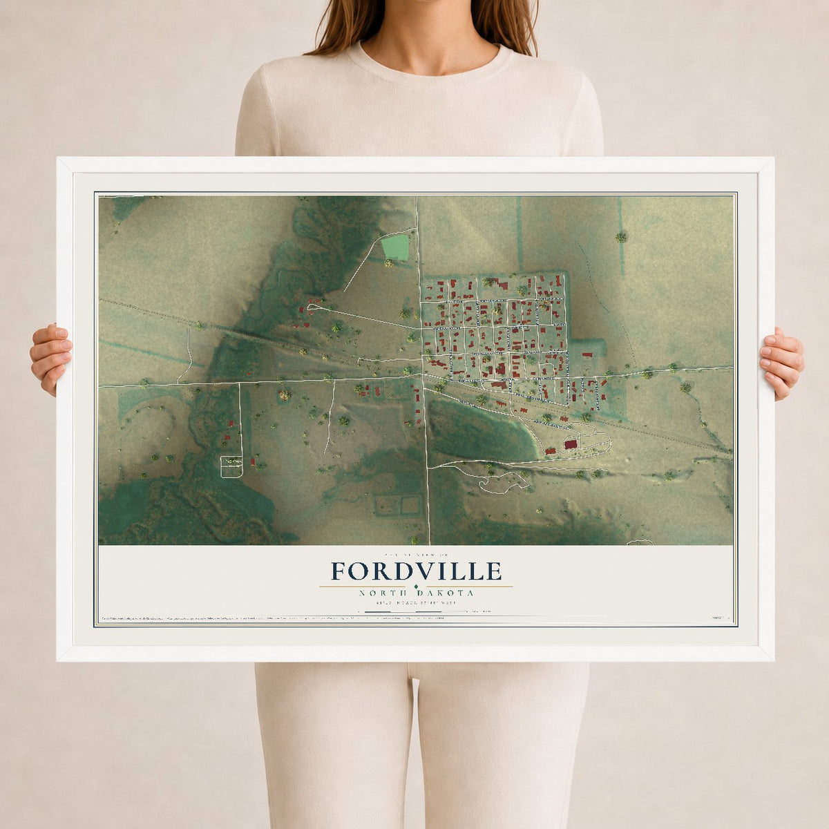 Map of Fordville, North Dakota, 24 x 36 inch print in a white wood frame