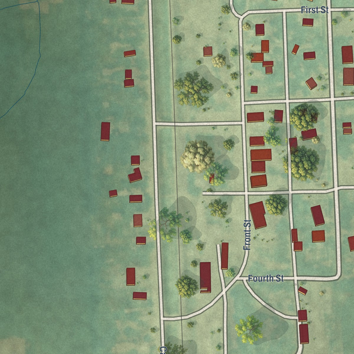 Close-up of the map of Forest River, North Dakota print showing street and building detail