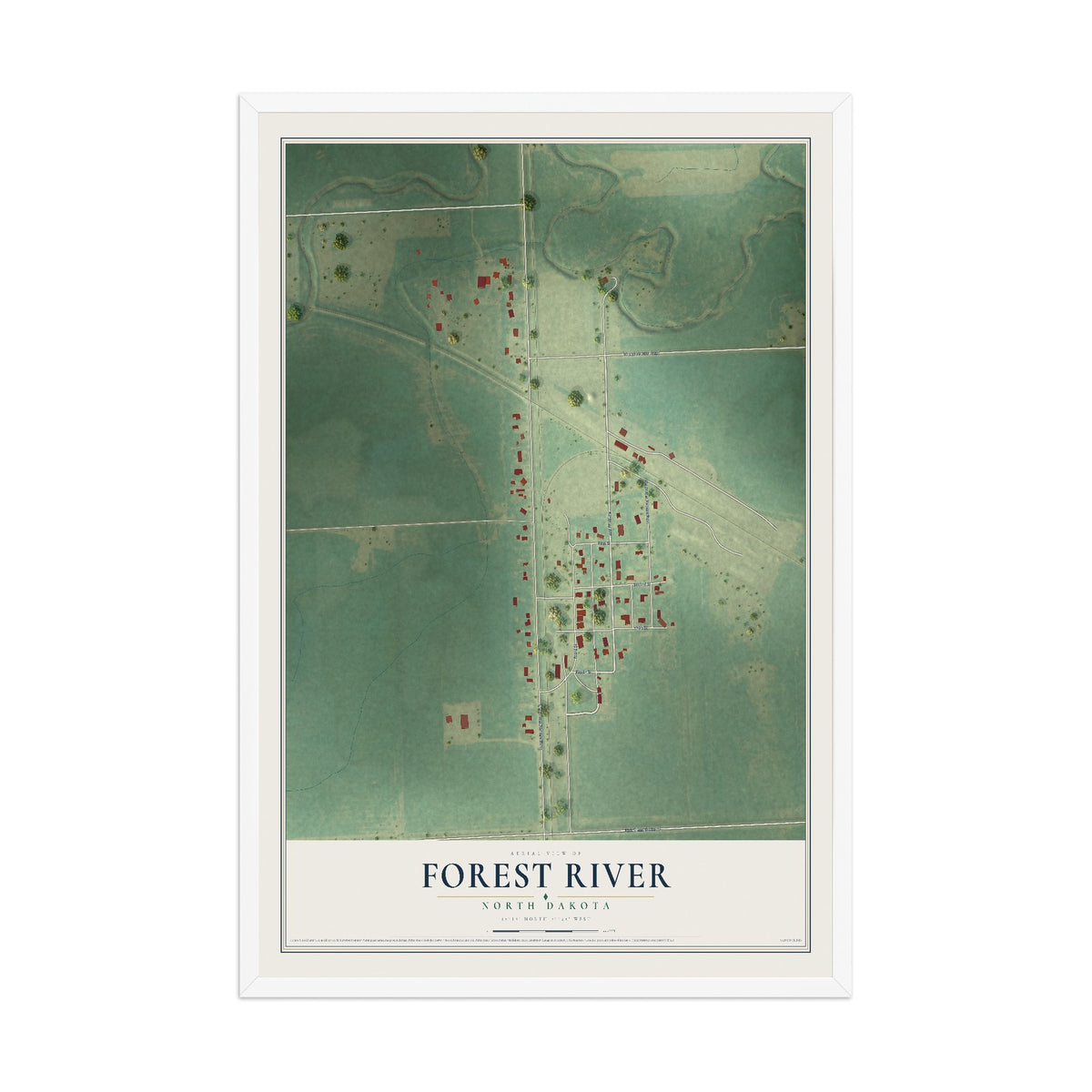 Map of Forest River, North Dakota, 12 x 18 inch print in a white wood frame