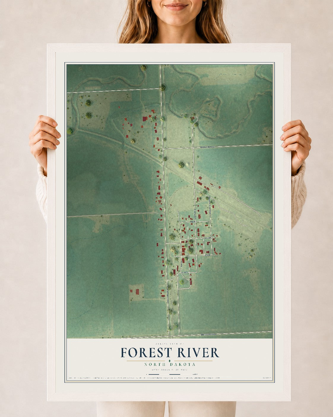 Map of Forest River, North Dakota, 24 x 36 inch print in a white wood frame