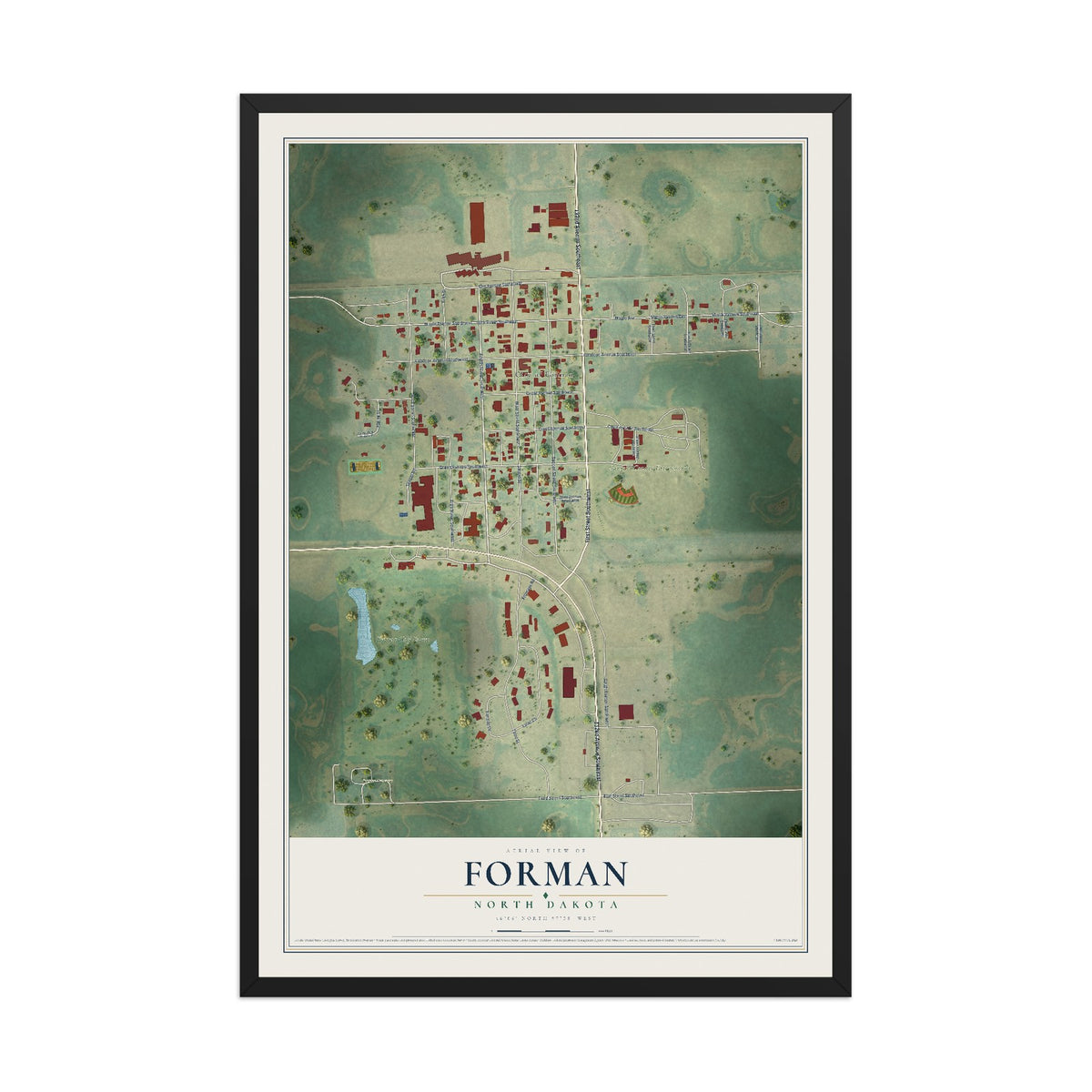 Map of Forman, North Dakota, 12 x 18 inch print in a black wood frame