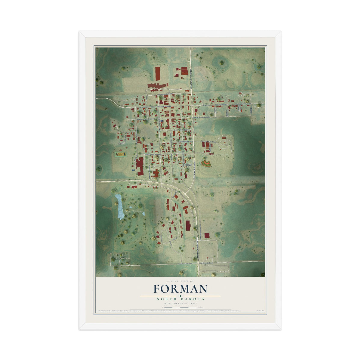 Map of Forman, North Dakota, 12 x 18 inch print in a white wood frame