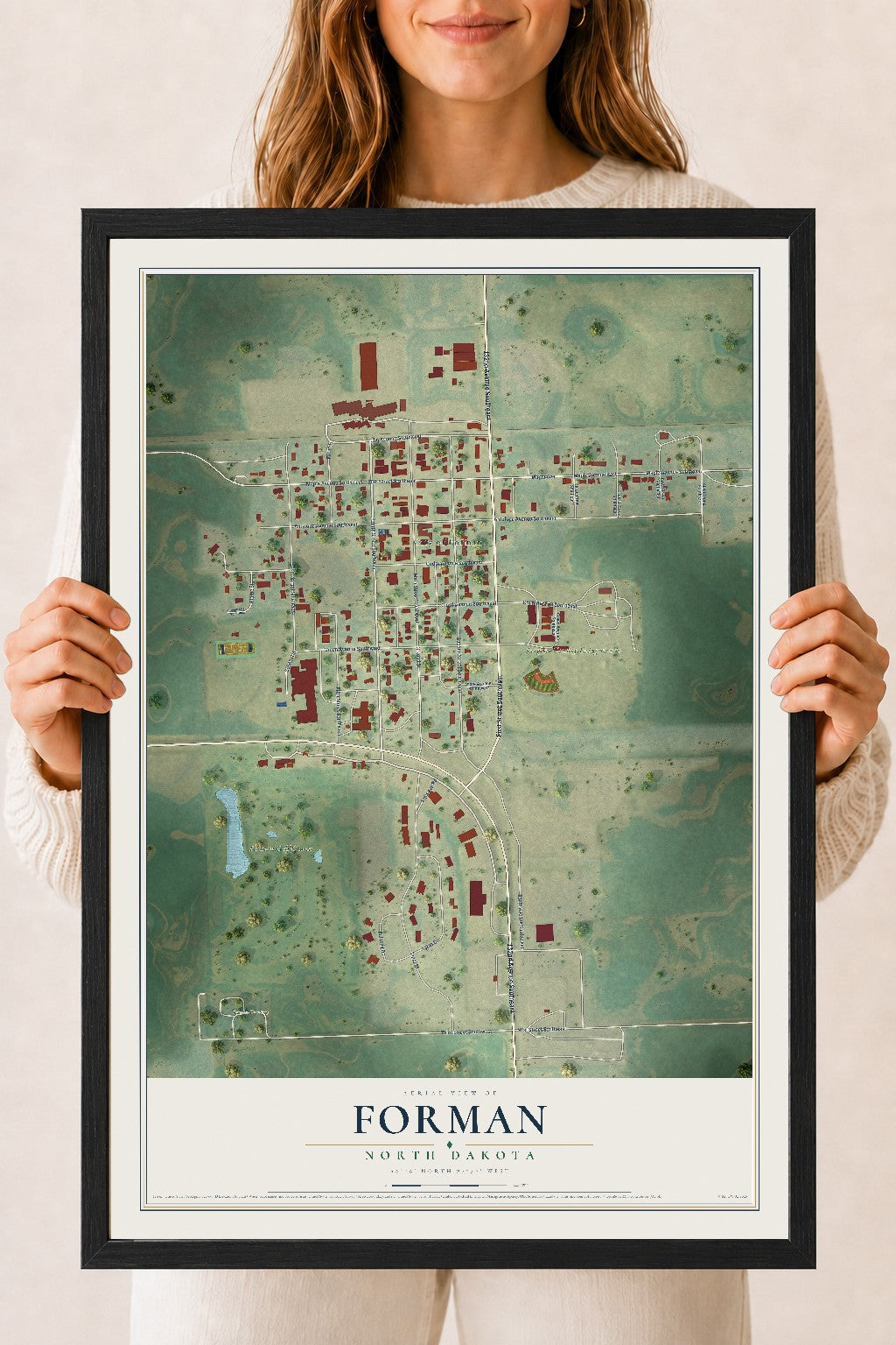 Map of Forman, North Dakota, 18 x 24 inch print in a black wood frame