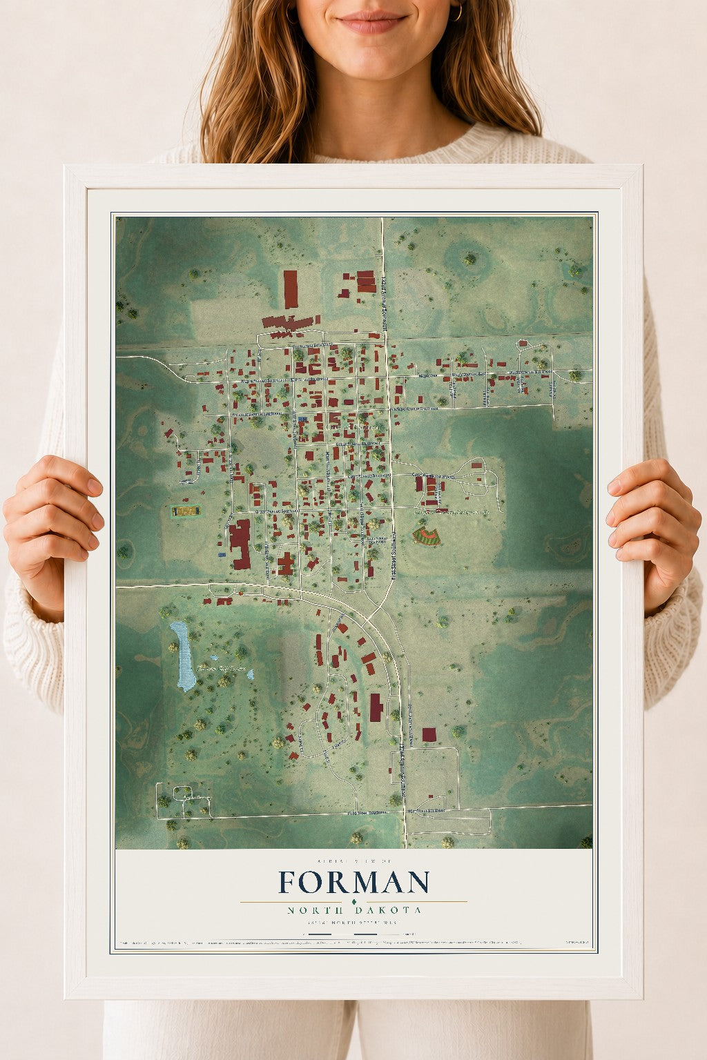 Map of Forman, North Dakota, 18 x 24 inch print in a white wood frame