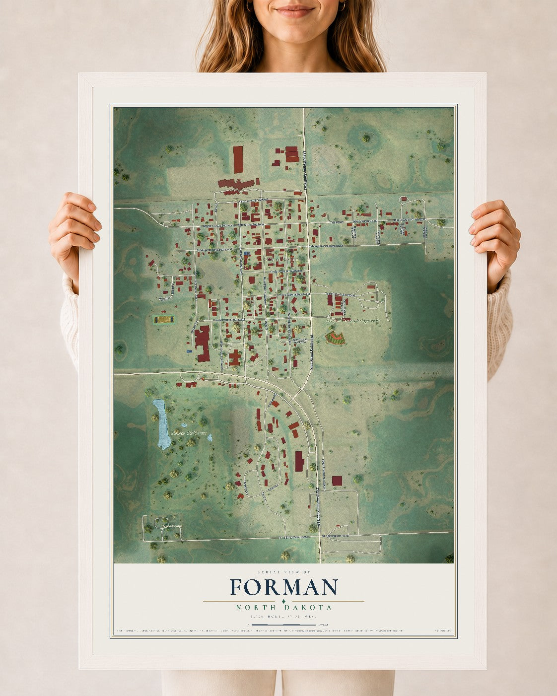 Map of Forman, North Dakota, 24 x 36 inch print in a white wood frame