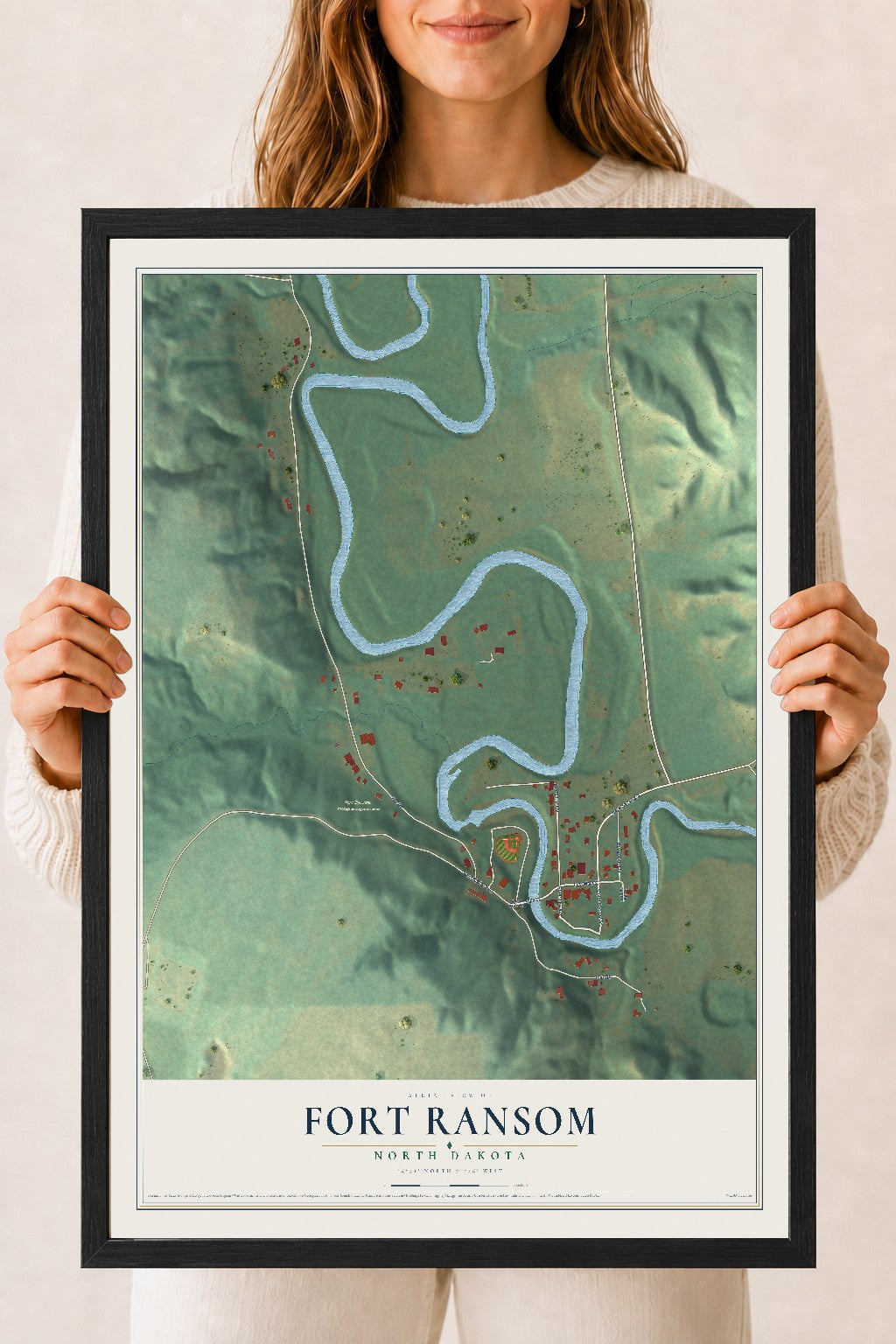 Map of Fort Ransom, North Dakota, 18 x 24 inch print in a black wood frame