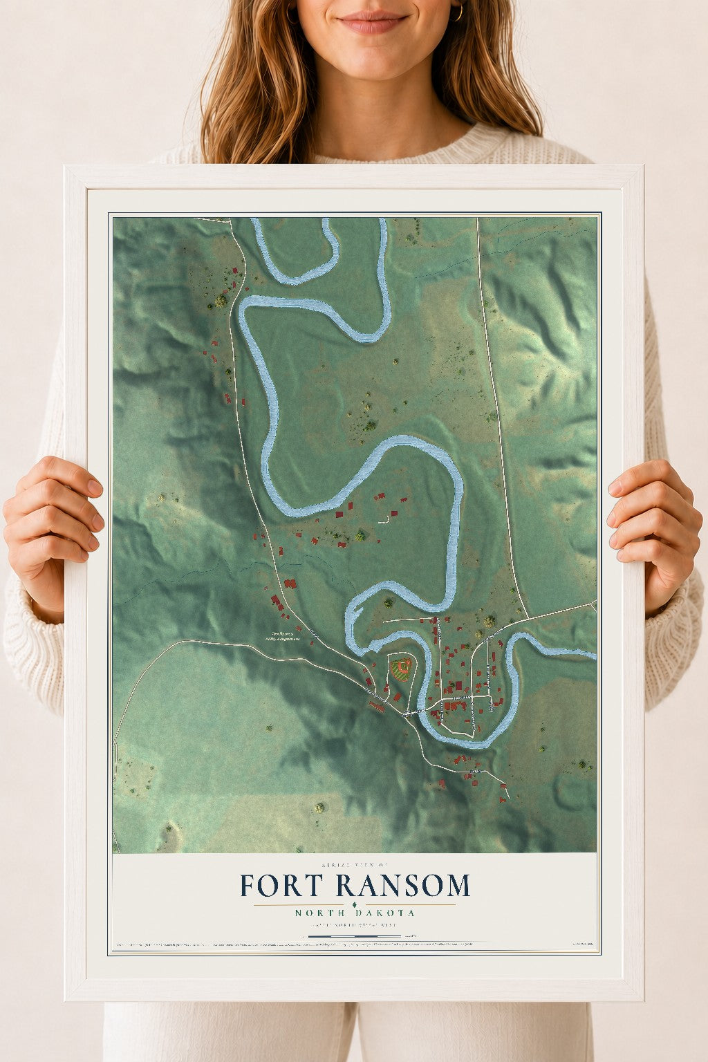 Map of Fort Ransom, North Dakota, 18 x 24 inch print in a white wood frame