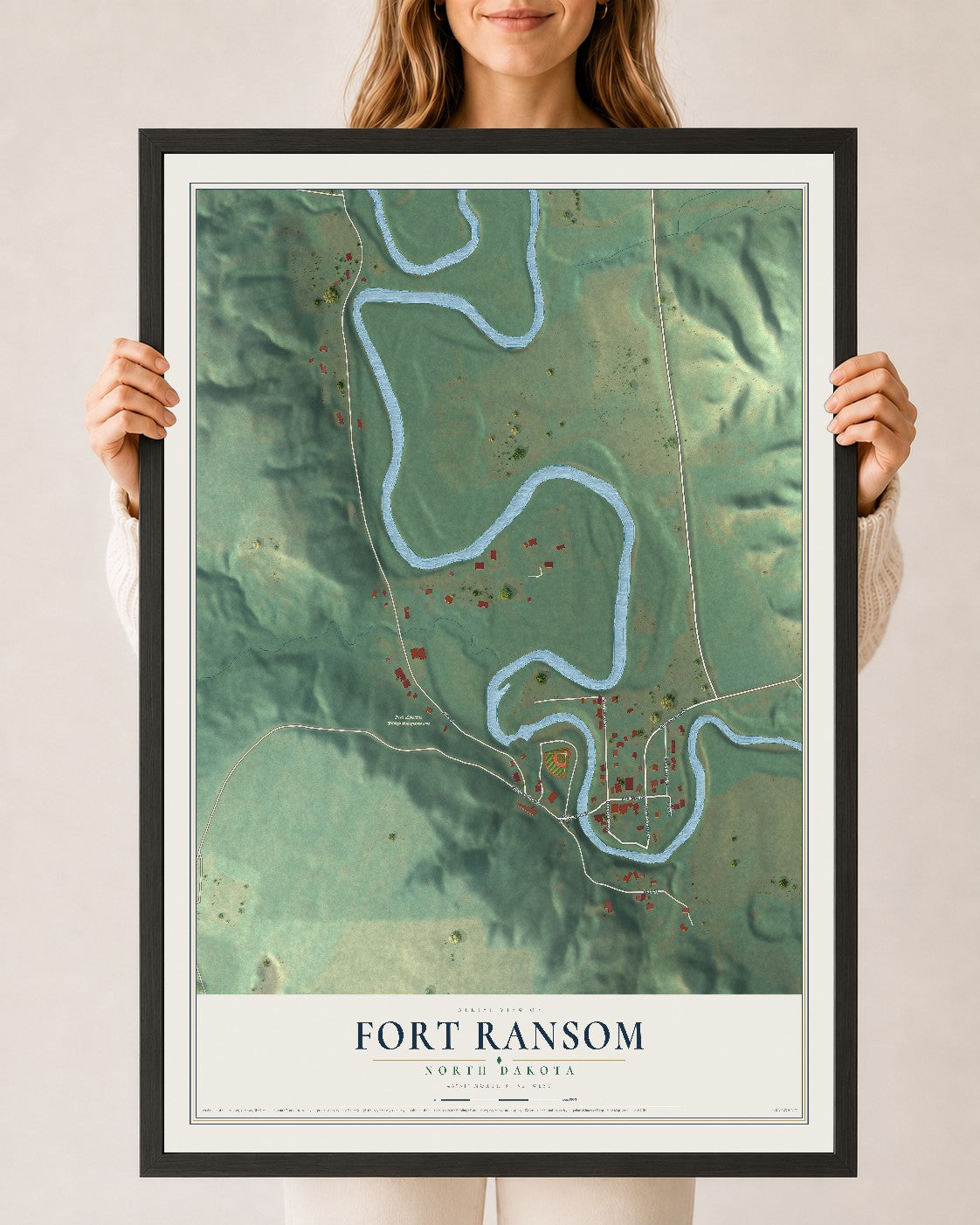 Map of Fort Ransom, North Dakota, 24 x 36 inch print in a black wood frame