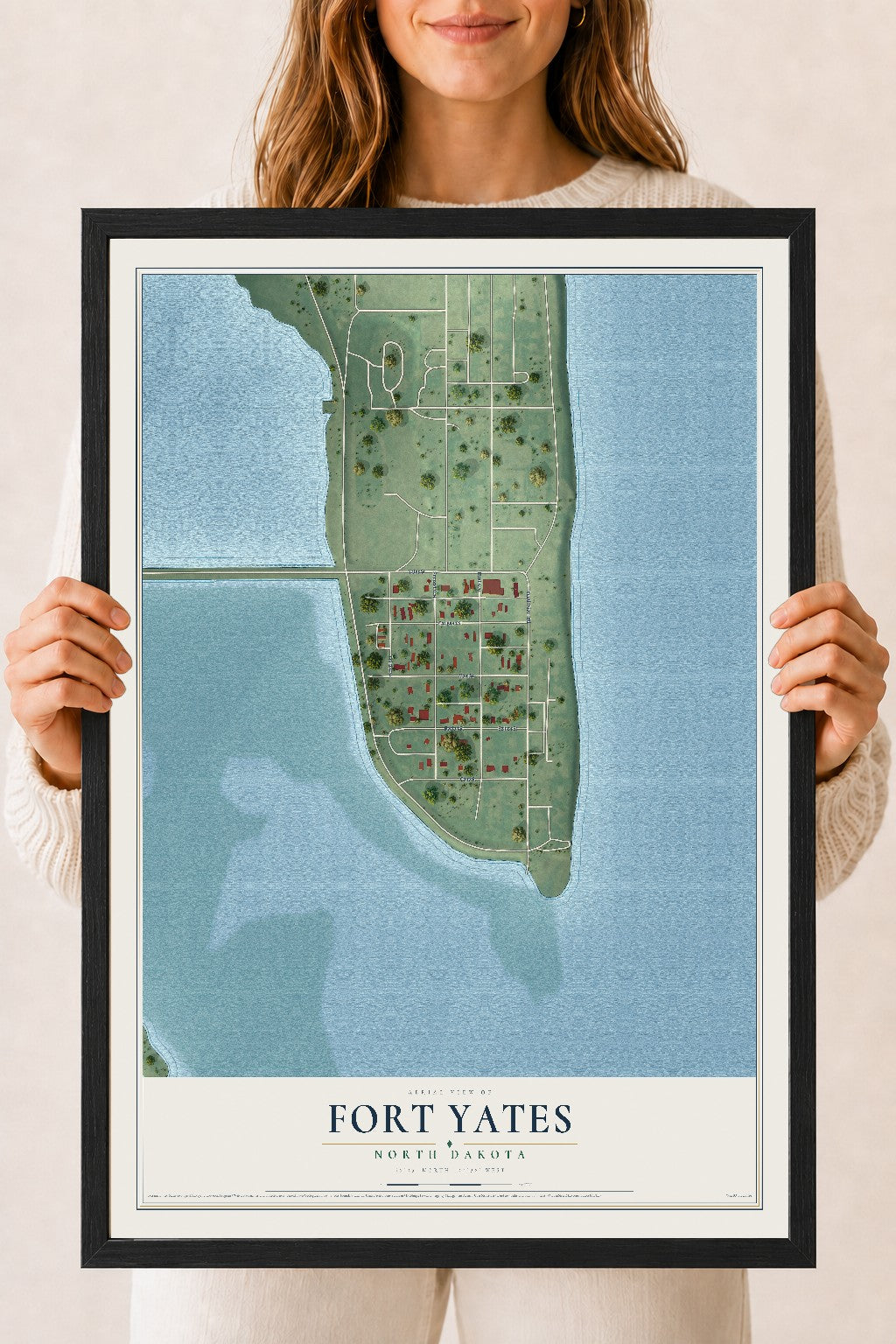 Map of Fort Yates, North Dakota, 18 x 24 inch print in a black wood frame