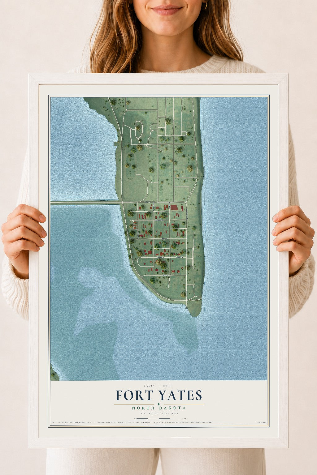 Map of Fort Yates, North Dakota, 18 x 24 inch print in a white wood frame