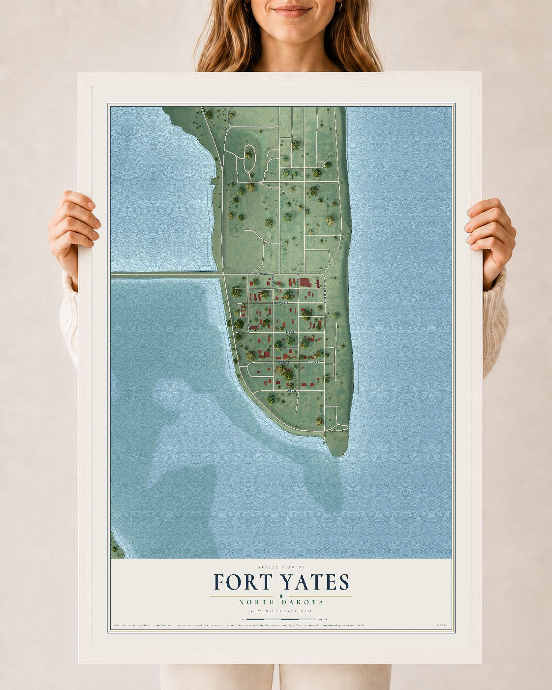 Map of Fort Yates, North Dakota, 24 x 36 inch print in a white wood frame