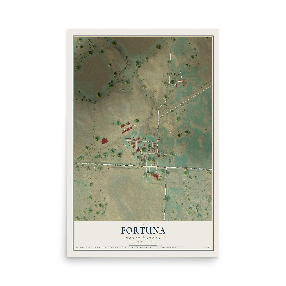 Map of Fortuna, North Dakota, 12 x 18 inch unframed archival matte print