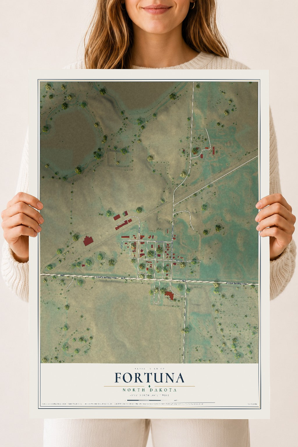 Map of Fortuna, North Dakota, 18 x 24 inch unframed archival matte print