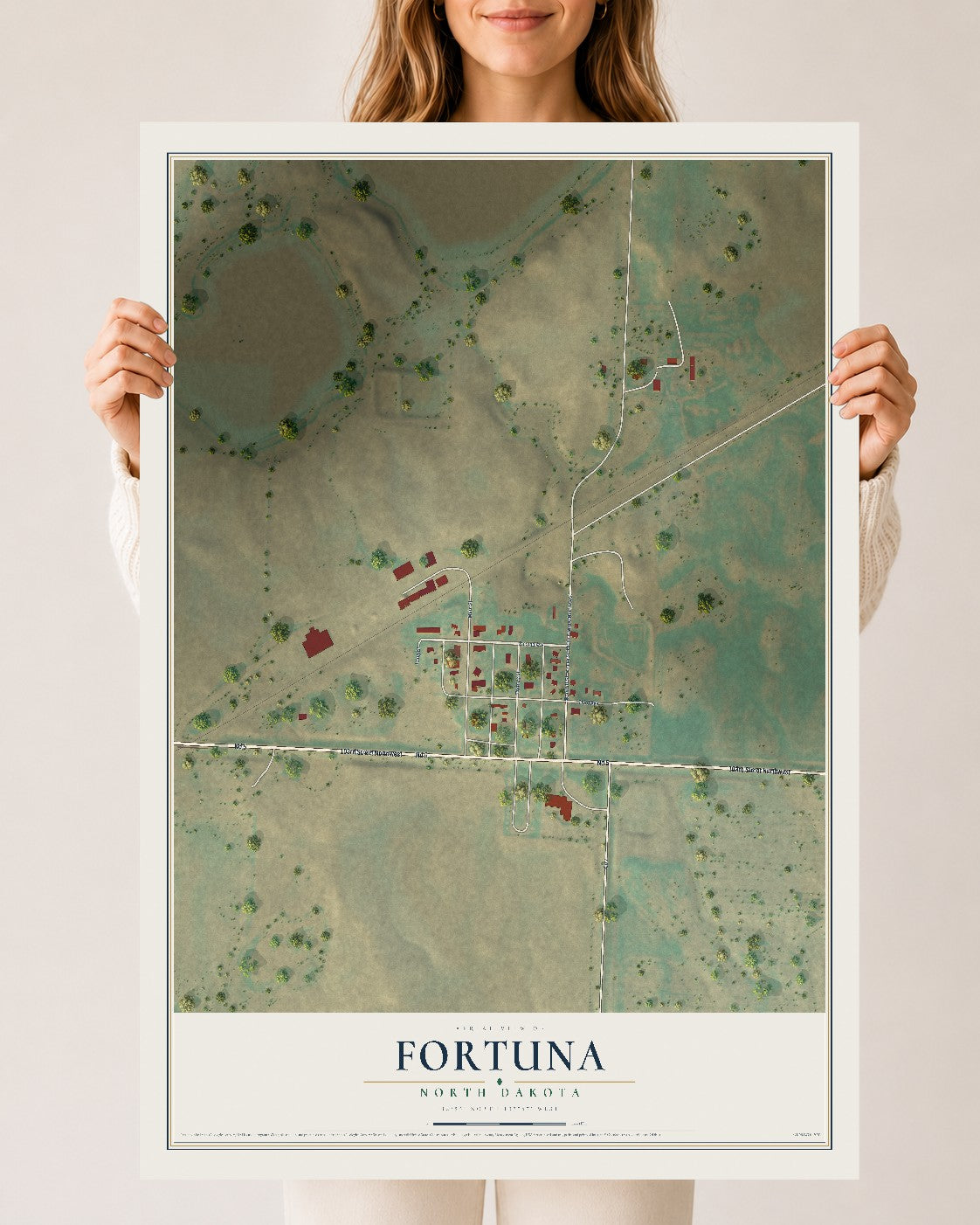 Map of Fortuna, North Dakota, 24 x 36 inch unframed archival matte print