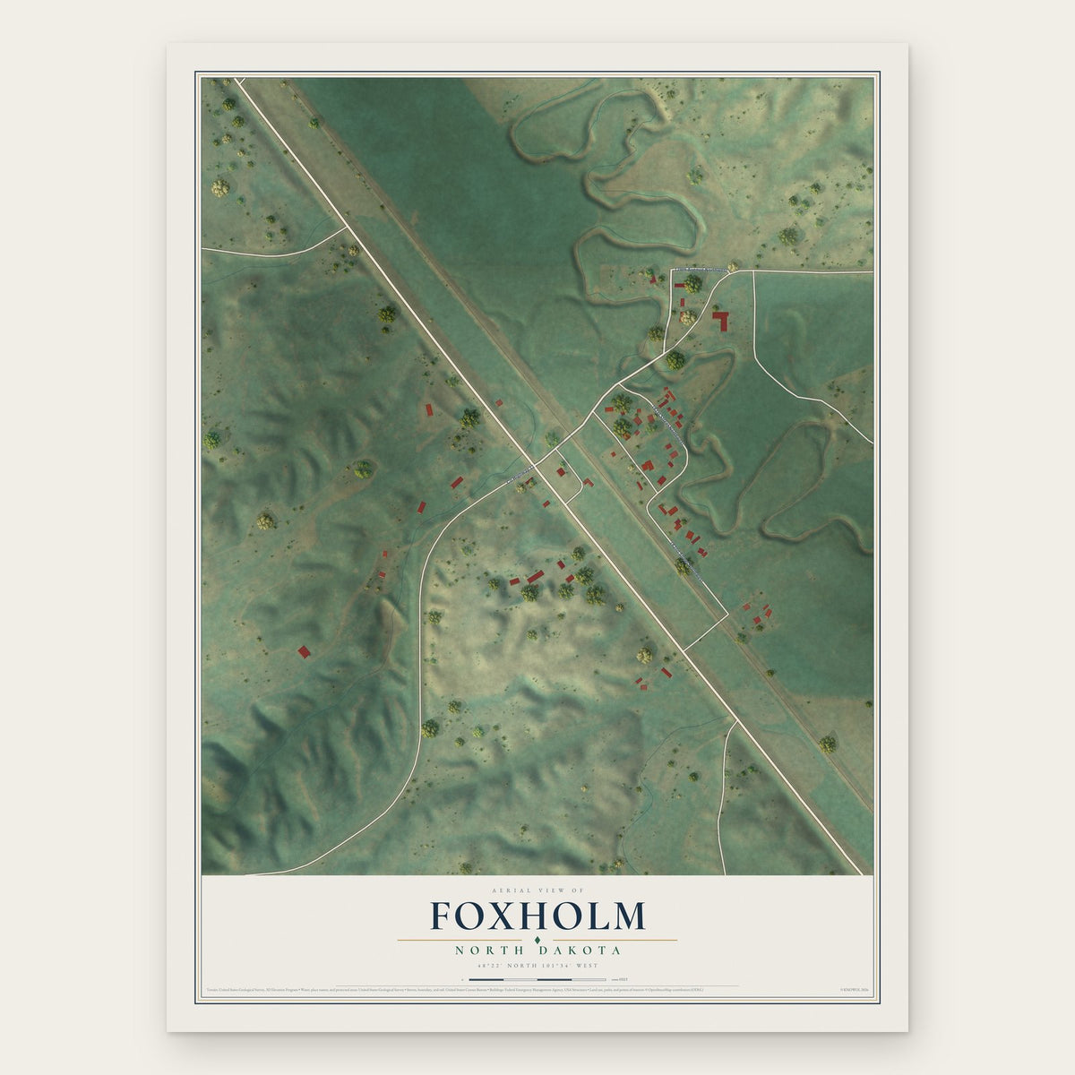 Foxholm, North Dakota map print, the full design