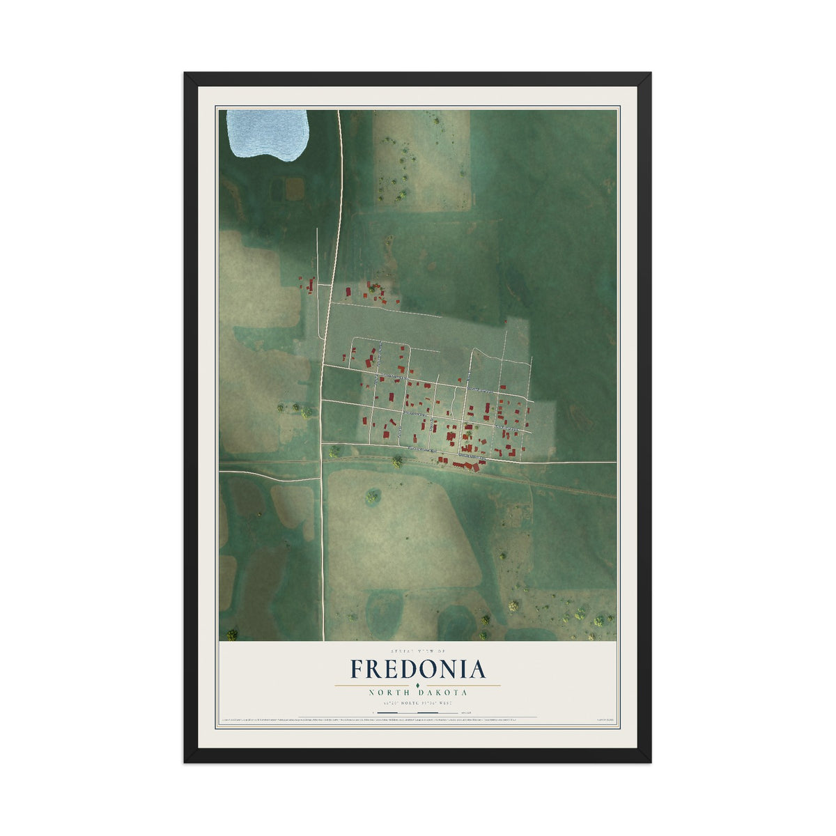 Map of Fredonia, North Dakota, 12 x 18 inch print in a black wood frame