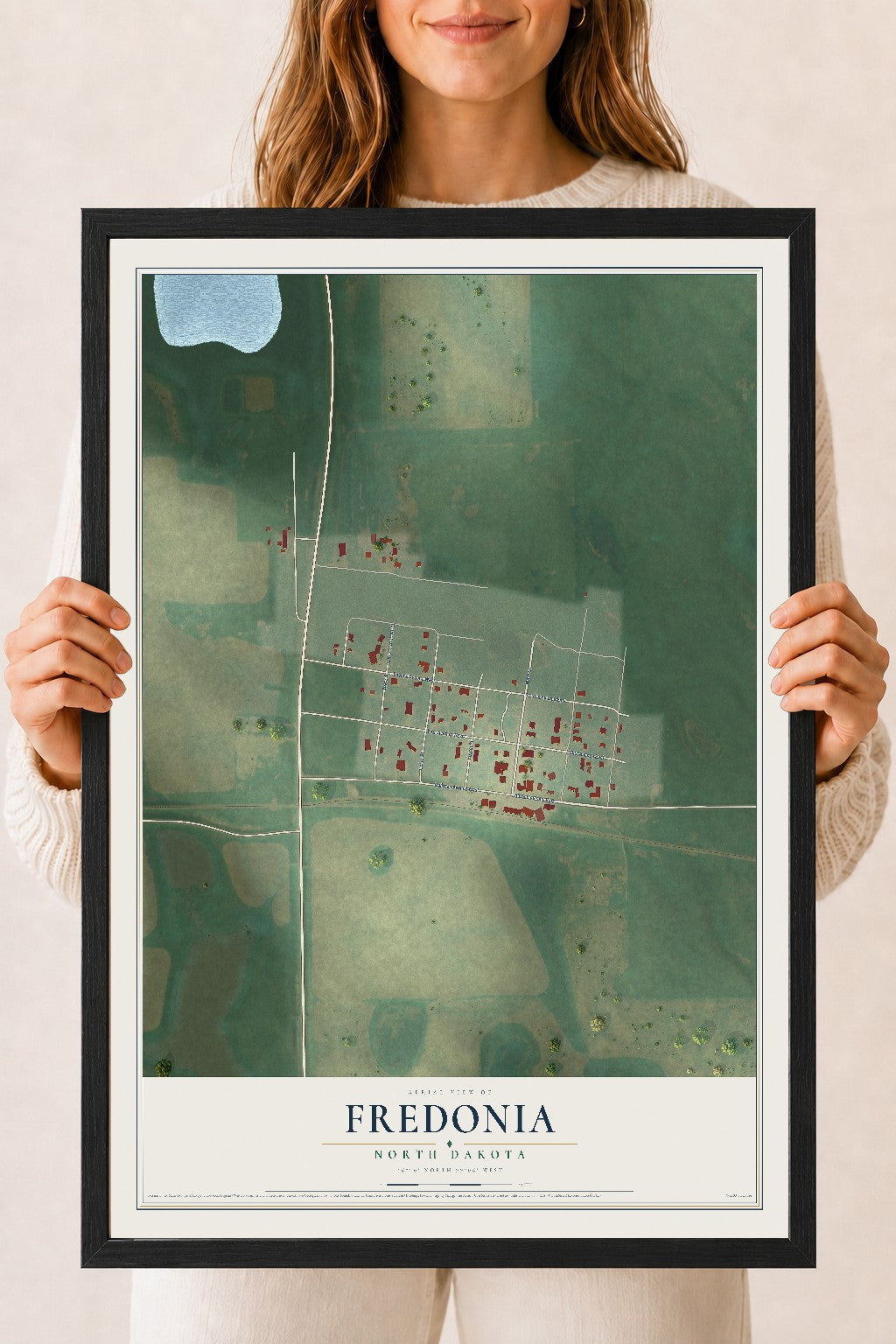 Map of Fredonia, North Dakota, 18 x 24 inch print in a black wood frame
