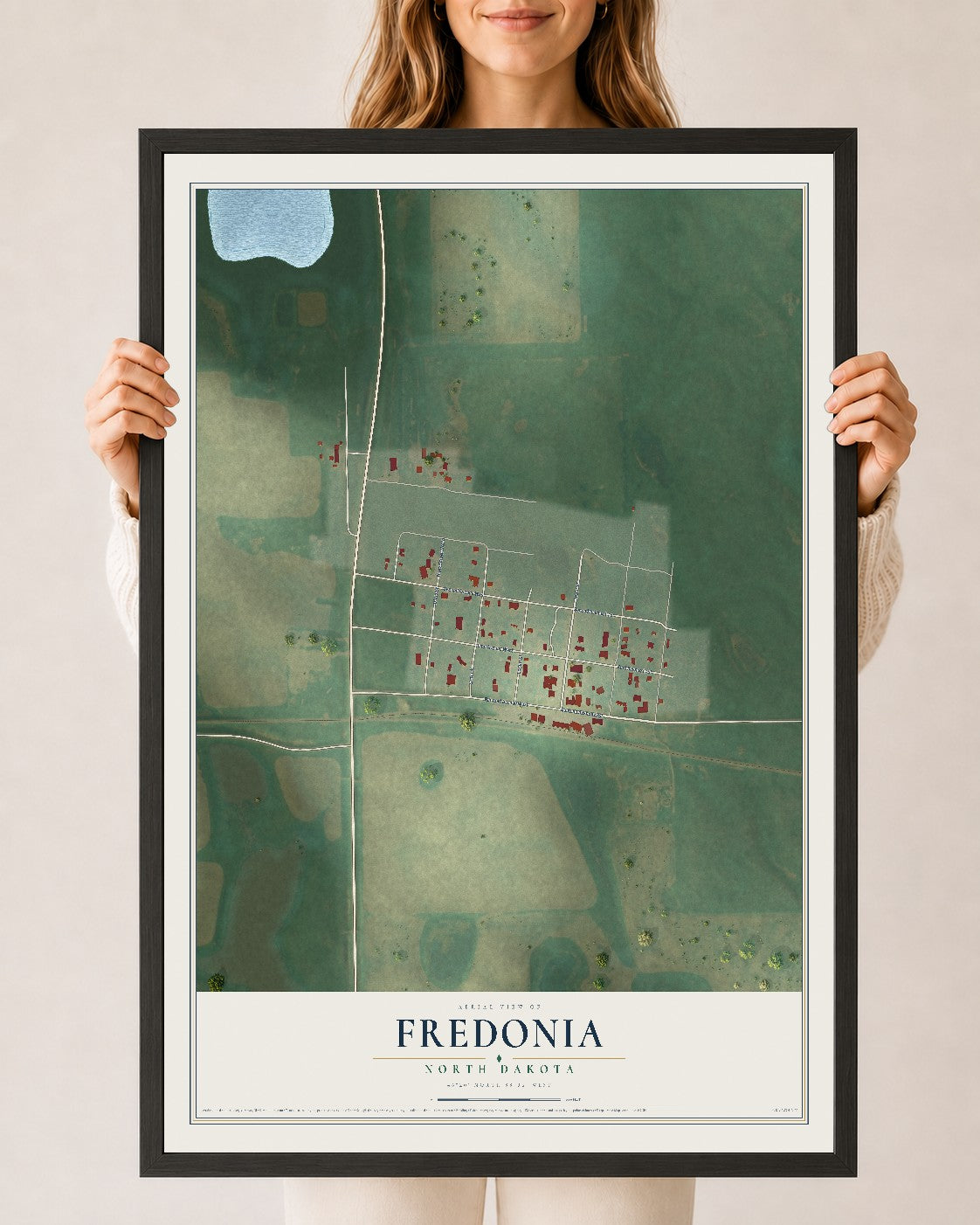 Map of Fredonia, North Dakota, 24 x 36 inch print in a black wood frame