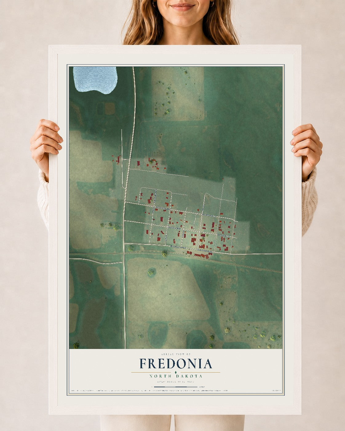 Map of Fredonia, North Dakota, 24 x 36 inch print in a white wood frame
