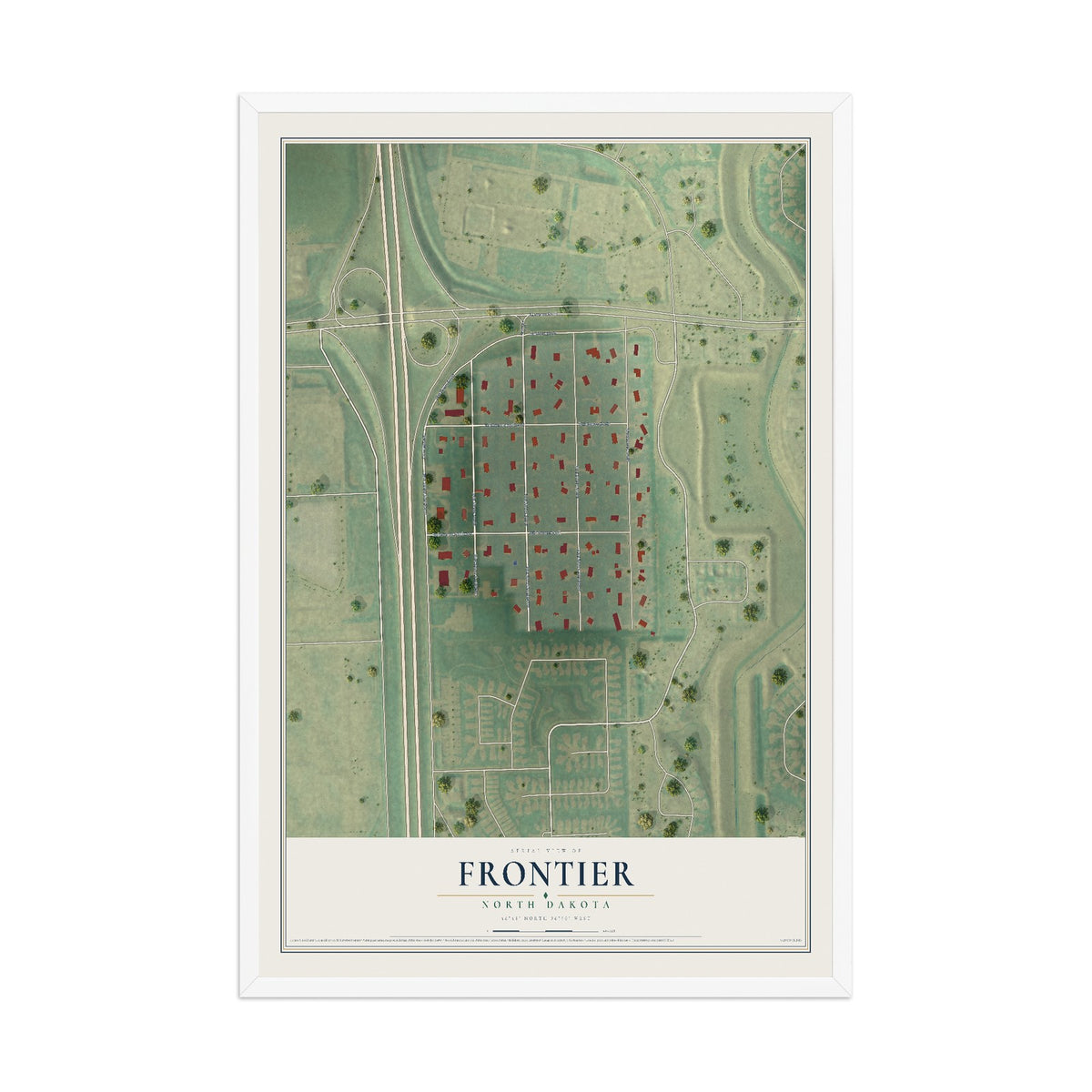 Map of Frontier, North Dakota, 12 x 18 inch print in a white wood frame