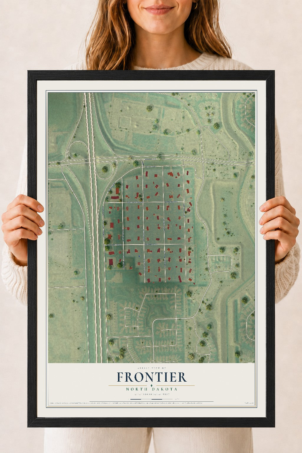 Map of Frontier, North Dakota, 18 x 24 inch print in a black wood frame