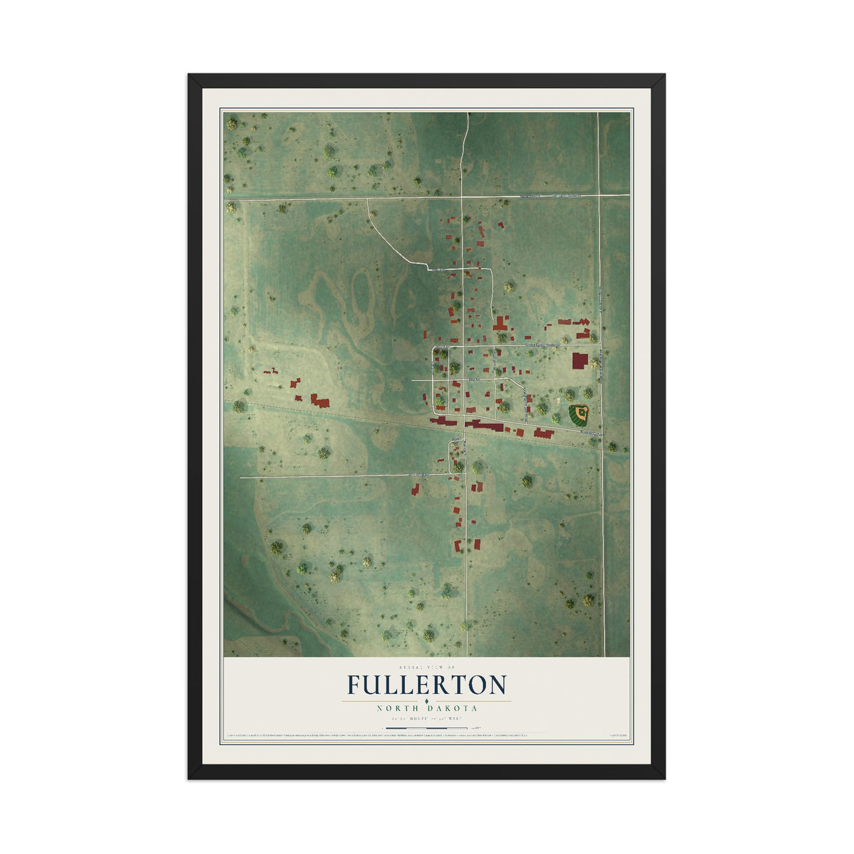 Map of Fullerton, North Dakota, 12 x 18 inch print in a black wood frame
