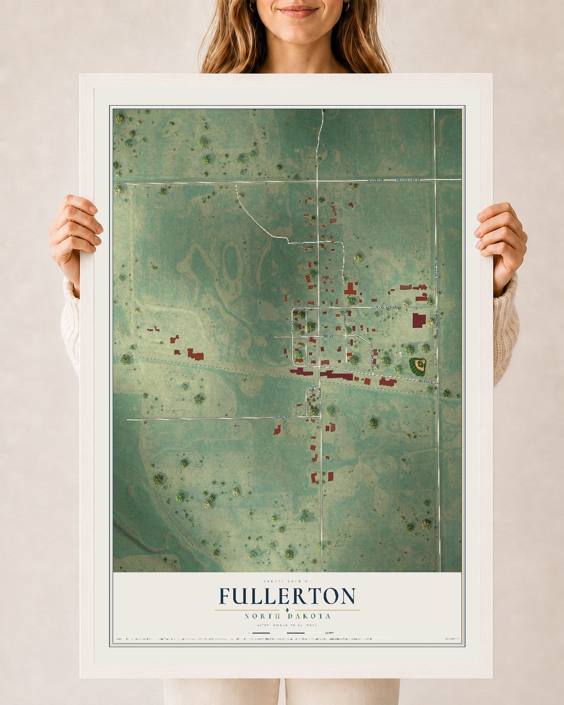 Map of Fullerton, North Dakota, 24 x 36 inch print in a white wood frame