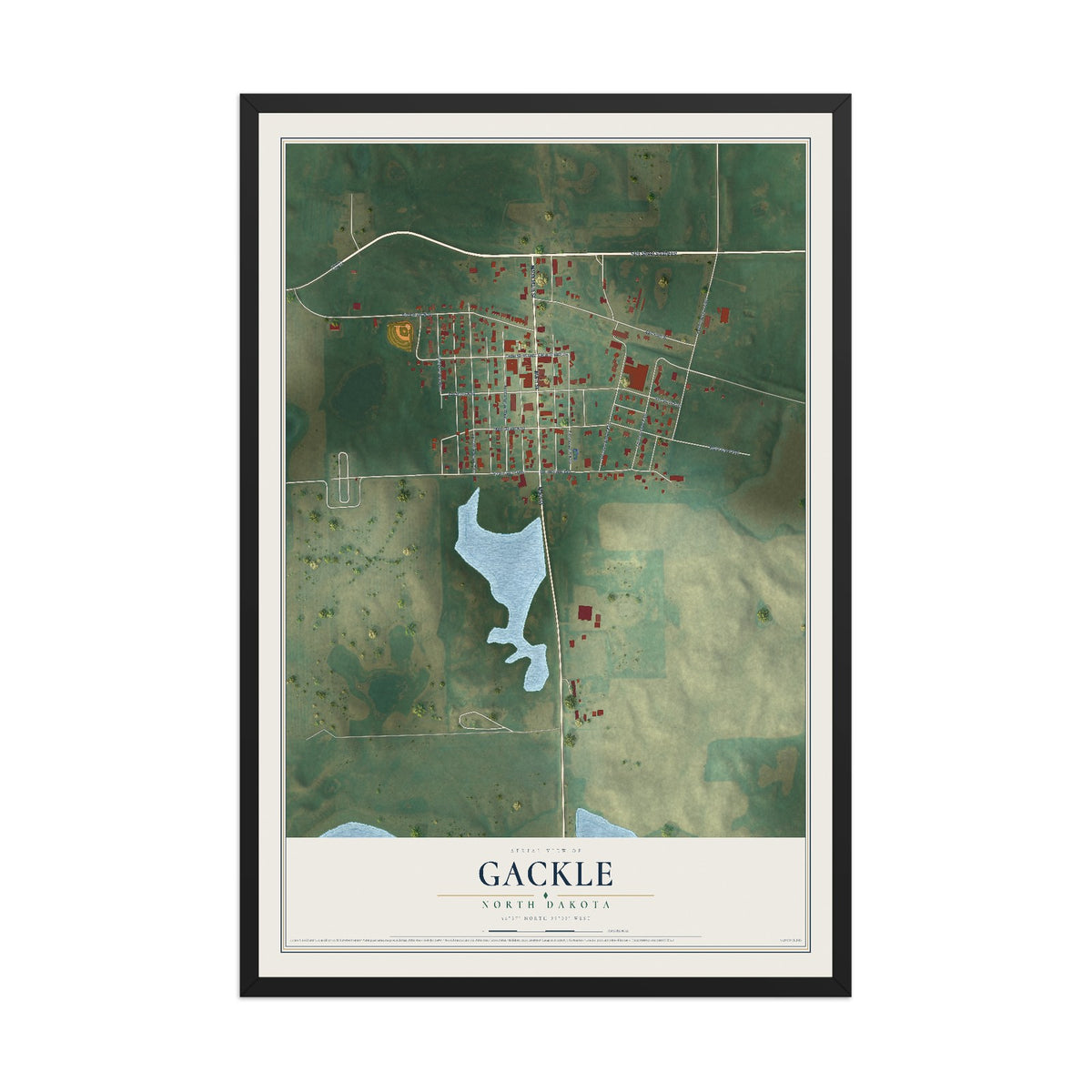 Map of Gackle, North Dakota, 12 x 18 inch print in a black wood frame
