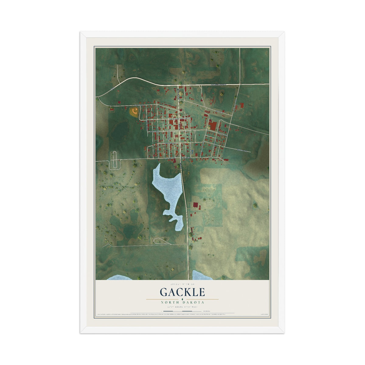 Map of Gackle, North Dakota, 12 x 18 inch print in a white wood frame