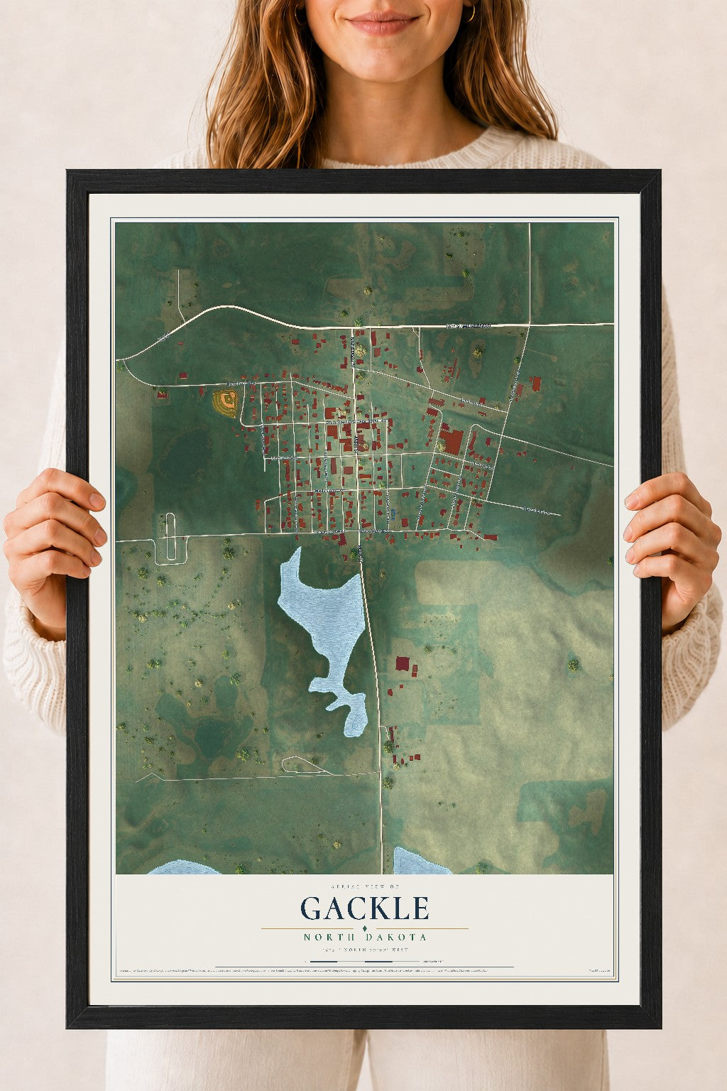 Map of Gackle, North Dakota, 18 x 24 inch print in a black wood frame