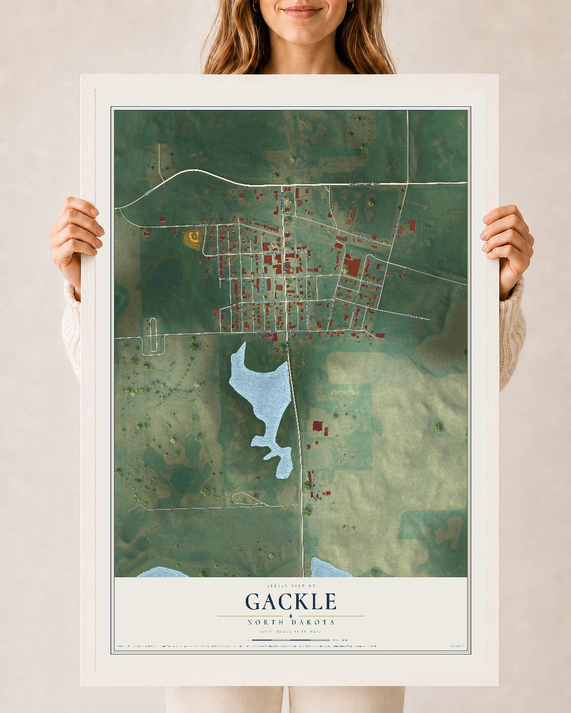 Map of Gackle, North Dakota, 24 x 36 inch print in a white wood frame