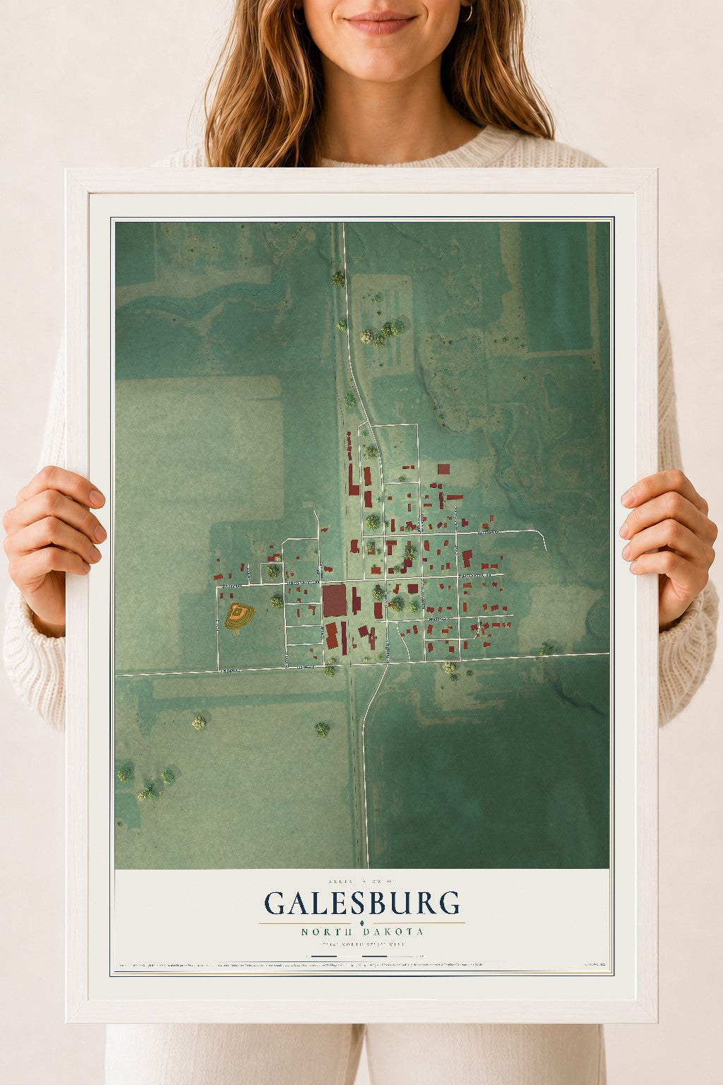 Map of Galesburg, North Dakota, 18 x 24 inch print in a white wood frame