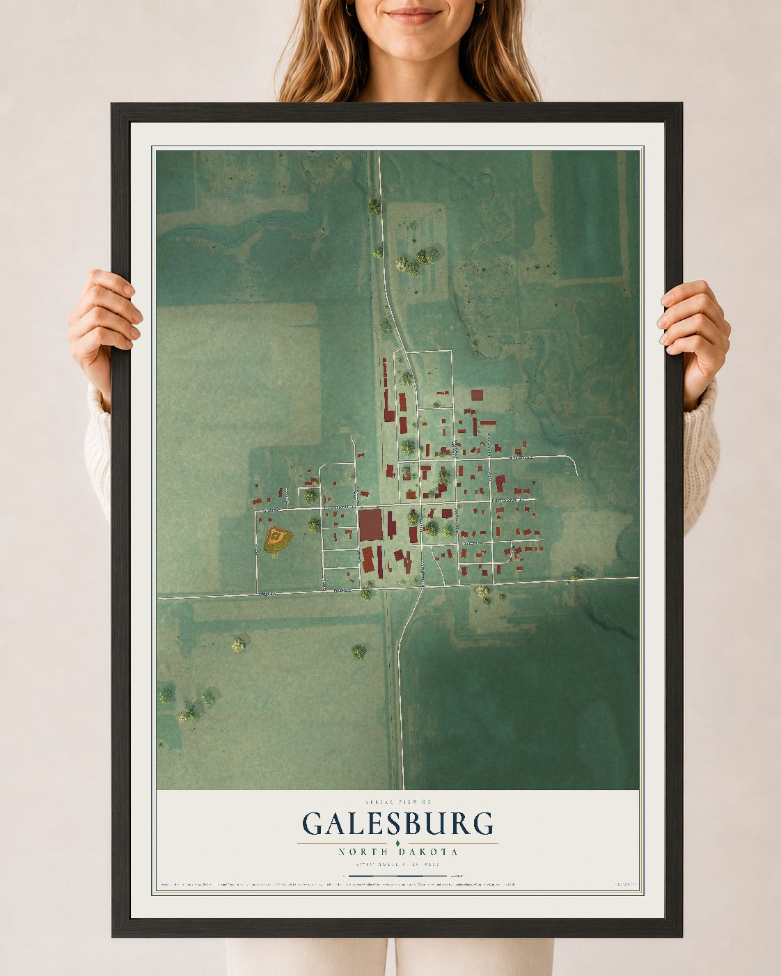 Map of Galesburg, North Dakota, 24 x 36 inch print in a black wood frame