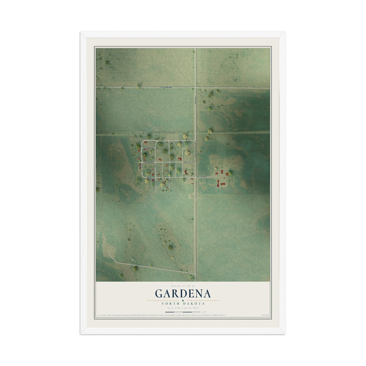 Map of Gardena, North Dakota, 12 x 18 inch print in a white wood frame