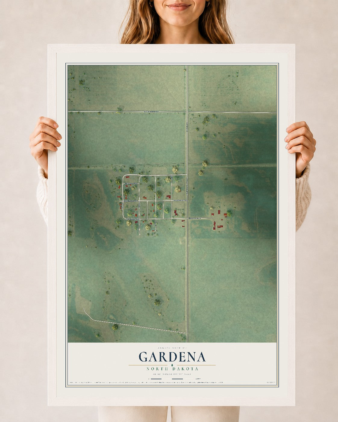 Map of Gardena, North Dakota, 24 x 36 inch print in a white wood frame