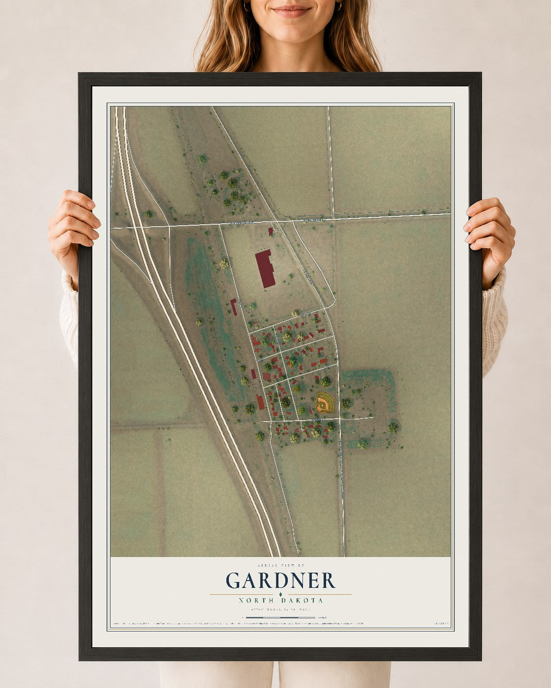 Map of Gardner, North Dakota, 24 x 36 inch print in a black wood frame