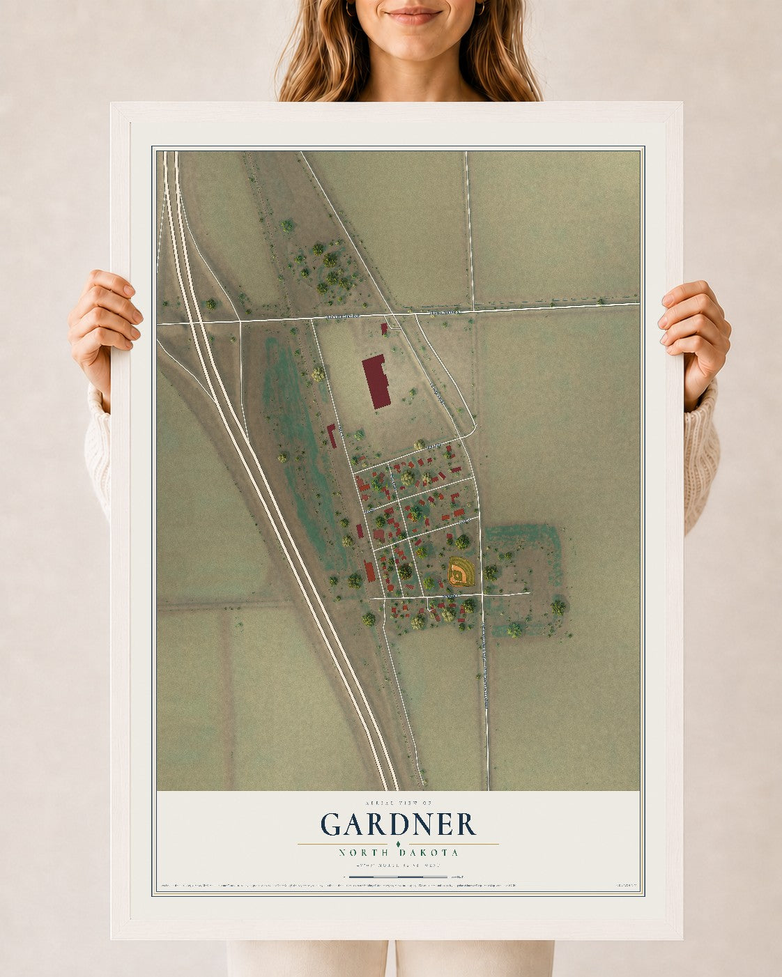 Map of Gardner, North Dakota, 24 x 36 inch print in a white wood frame
