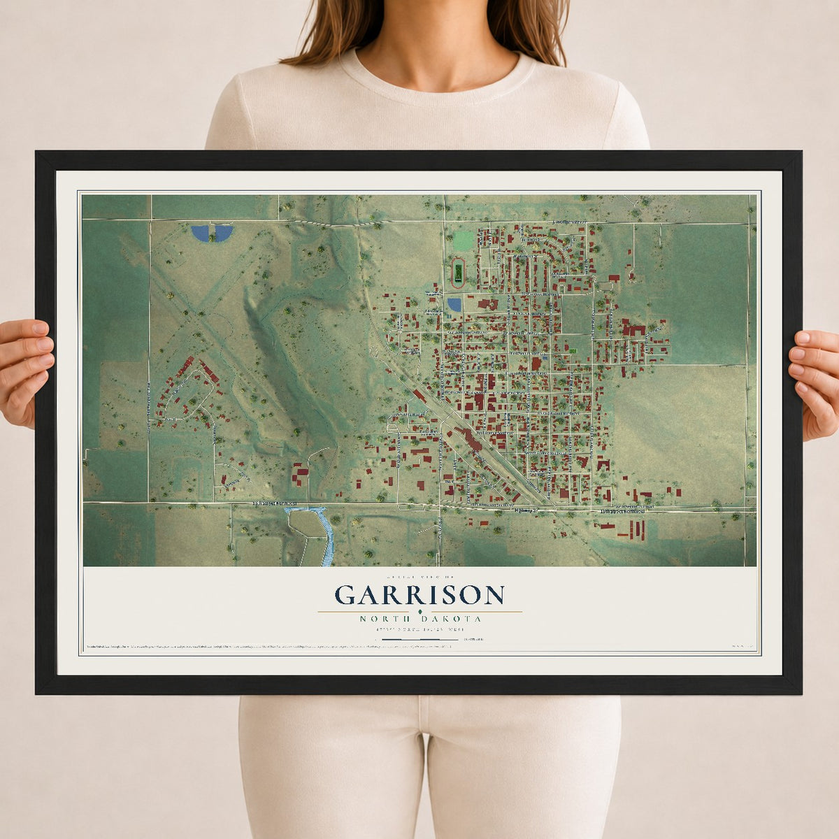 Map of Garrison, North Dakota, 18 x 24 inch print in a black wood frame