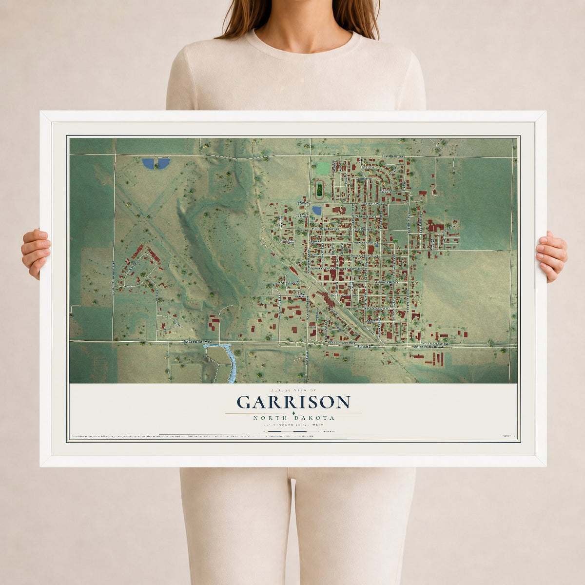 Map of Garrison, North Dakota, 24 x 36 inch print in a white wood frame