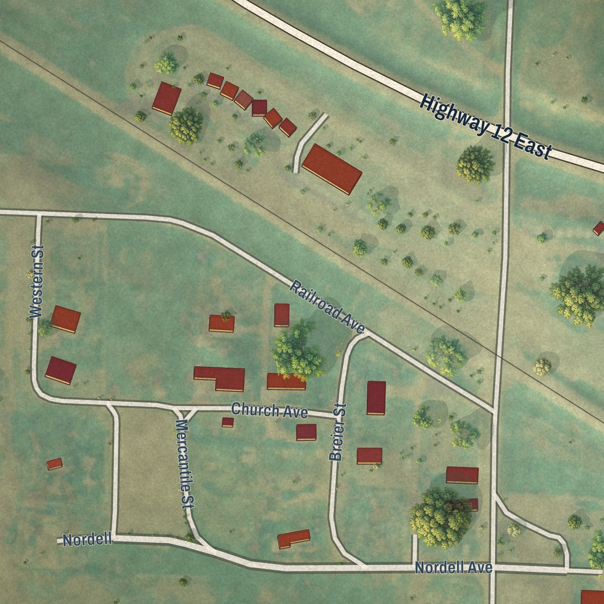 Close-up of the map of Gascoyne, North Dakota print showing street and building detail